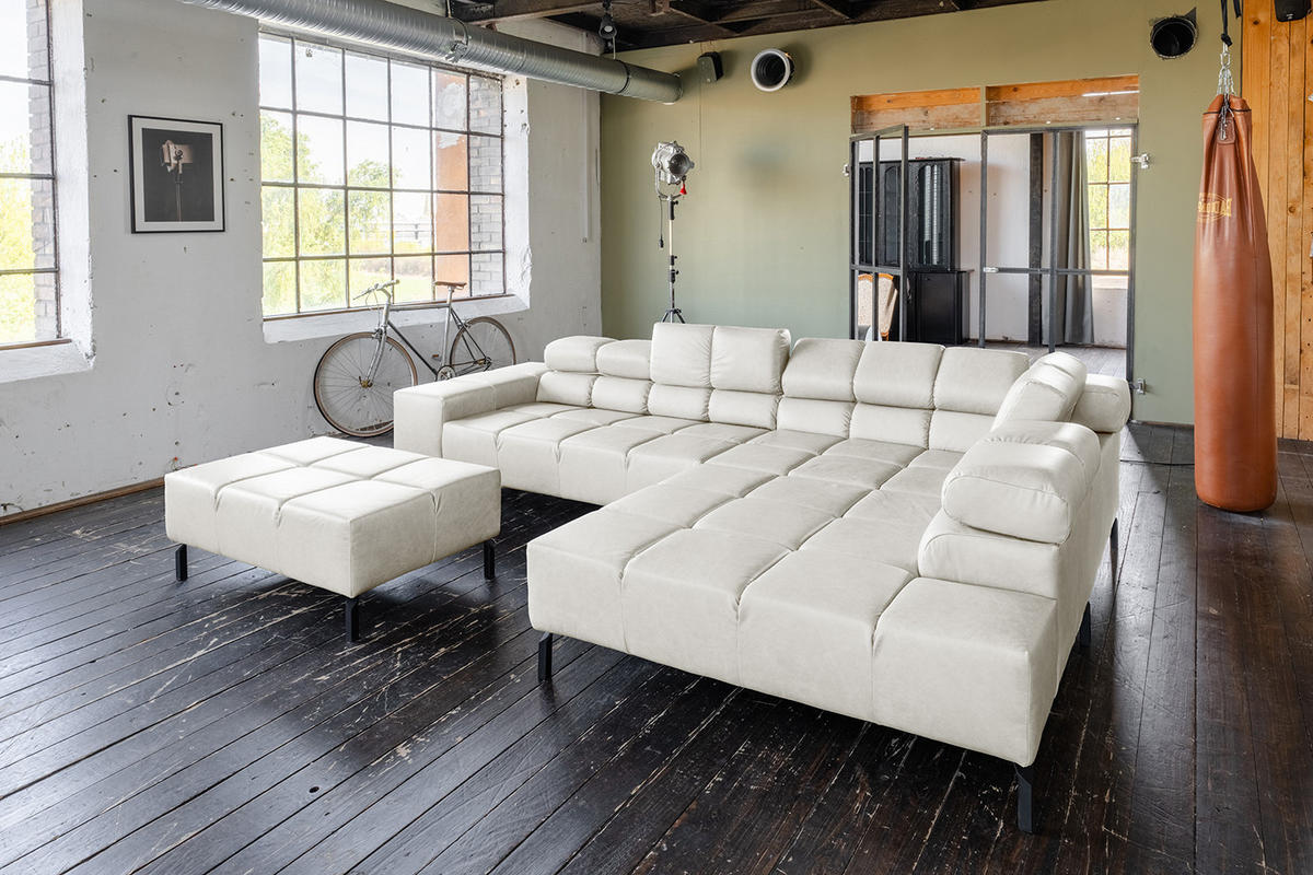 ECKSOFA NELSON Hellgrau Leder Relaxfunktion - Hellgrau/Schwarz, Leder/Metall (321/216cm) - KAWOLA