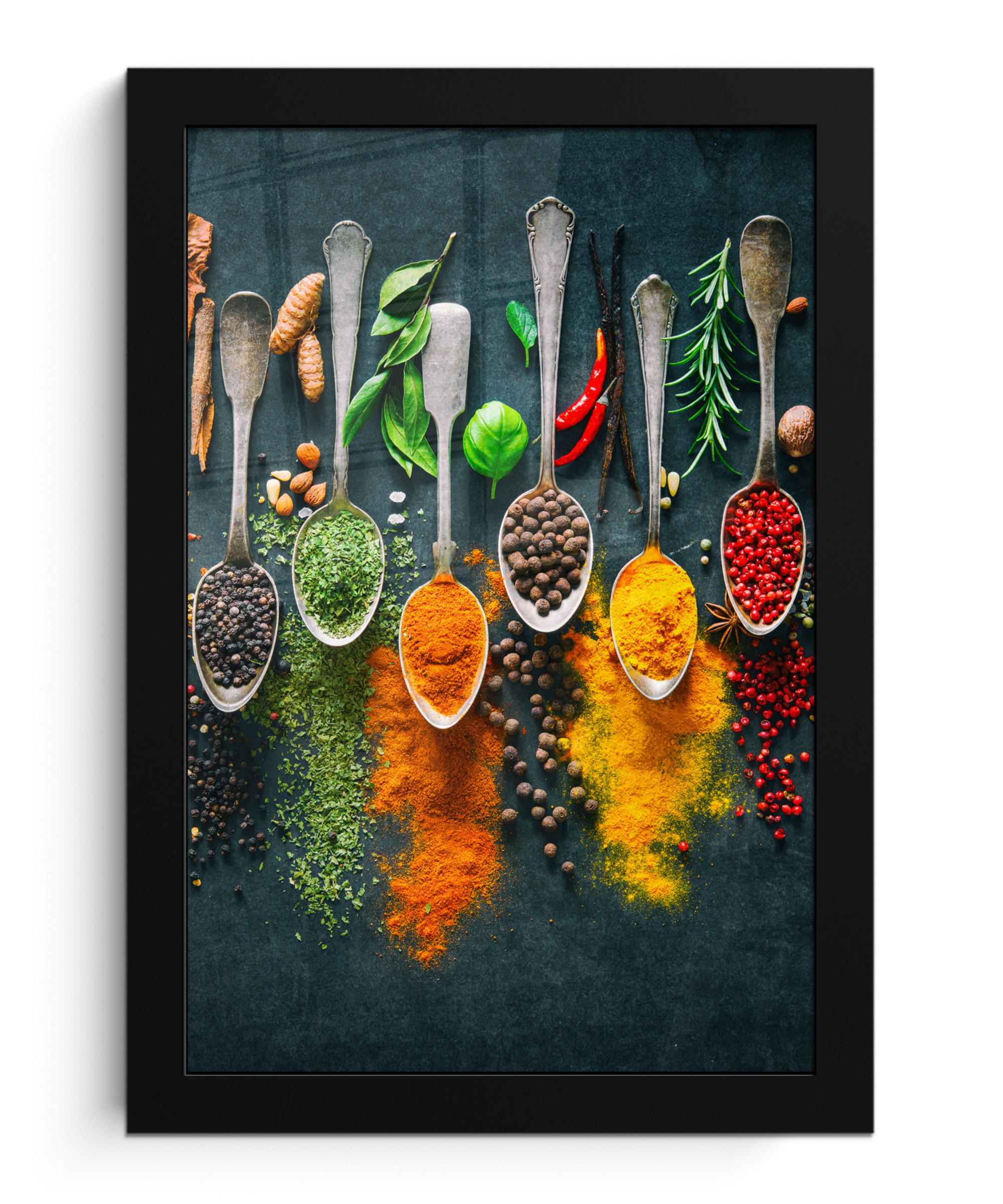 GERAHMTES BILD Kräuter - Gewürze - Löffel 20x30 cm - Currygelb, Papier (20/30cm) - MuchoWow