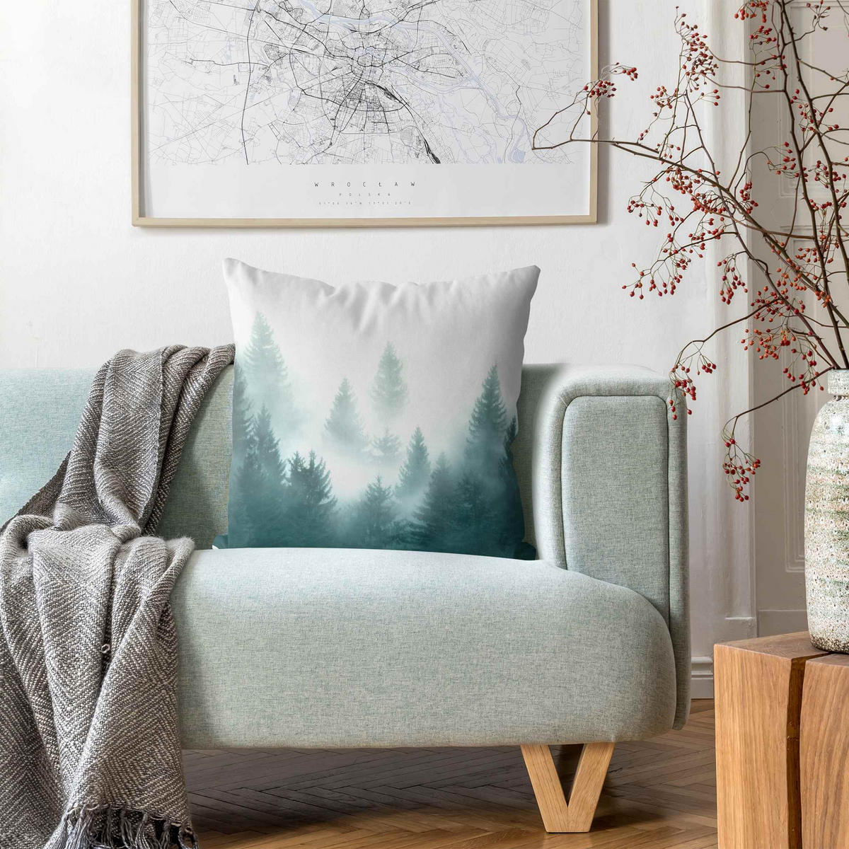 KISSENBEZUG Nadelwald im Nebel 40/40 cm - Eichefarben, Textil (40/40cm) - Bilderwelten