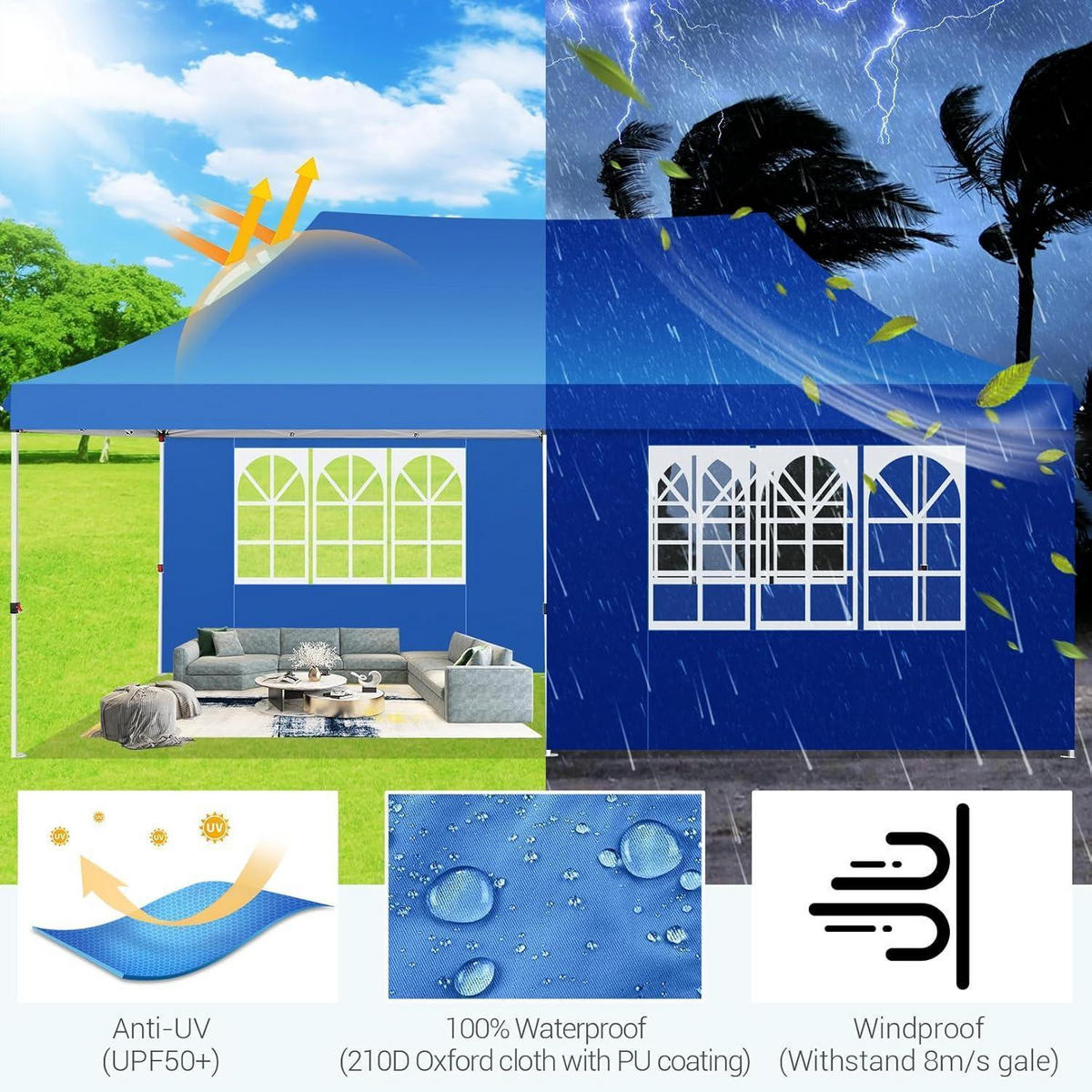 FALTPAVILLON 3 x 6 m wasserdicht mit 6 Seitenwänden - Blau, Textil (299.7/320/599.4cm)