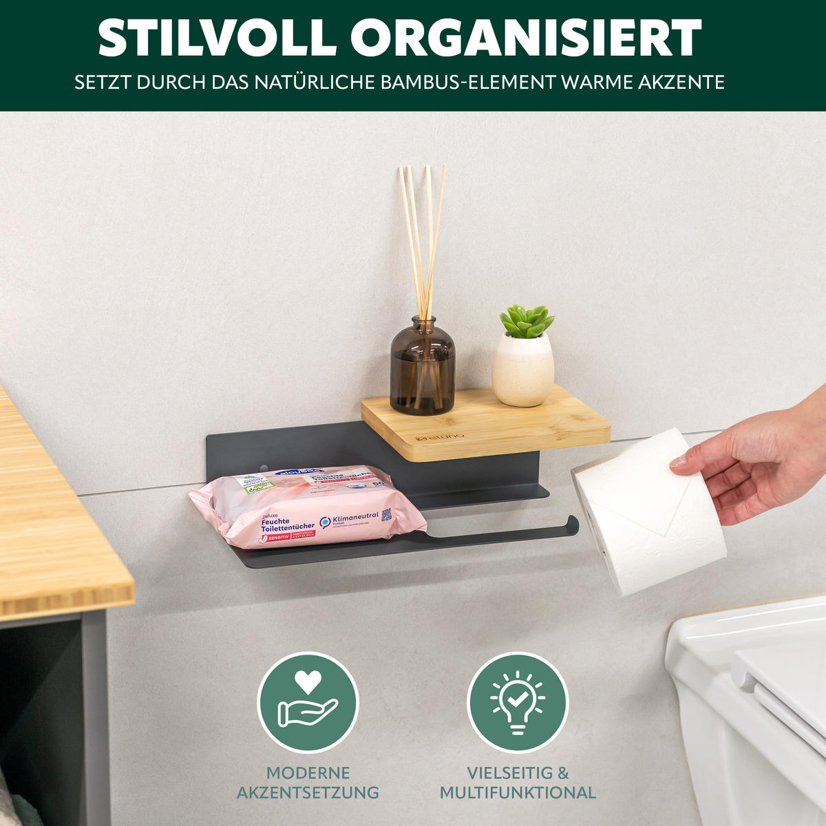 TOILETTENPAPIERHALTER VARAZ mit 2 Ablagen, Metall und Bambus - Grau, Metall (31.5/9.5/13cm) - eluno