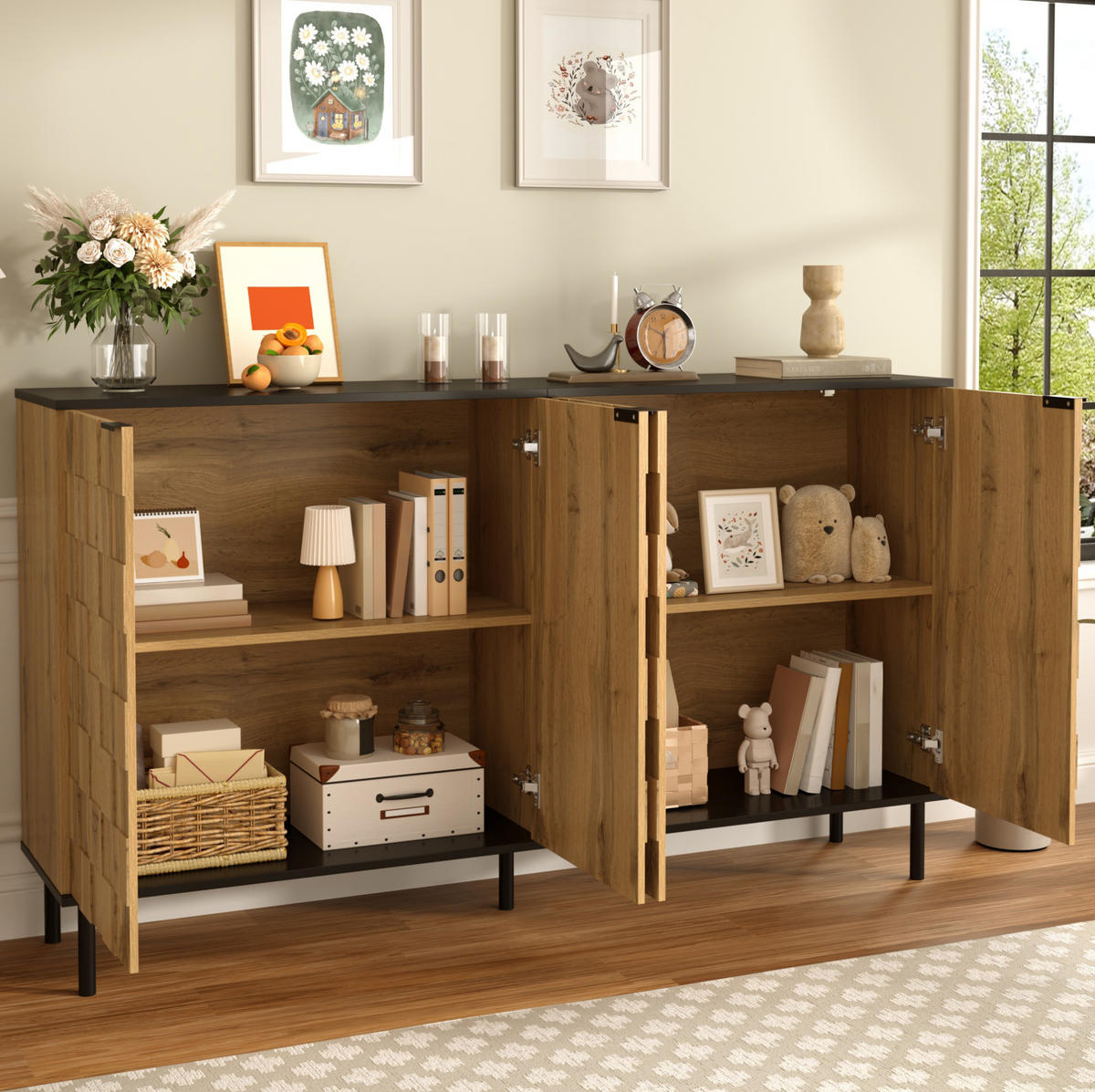 SIDEBOARD 160/35/80,5 cm mit 2 Türen, Mosaikfront und Metallfüßen, Natur/Schwarz - Naturfarben, Holzwerkstoff (160/80/35cm) - Redom
