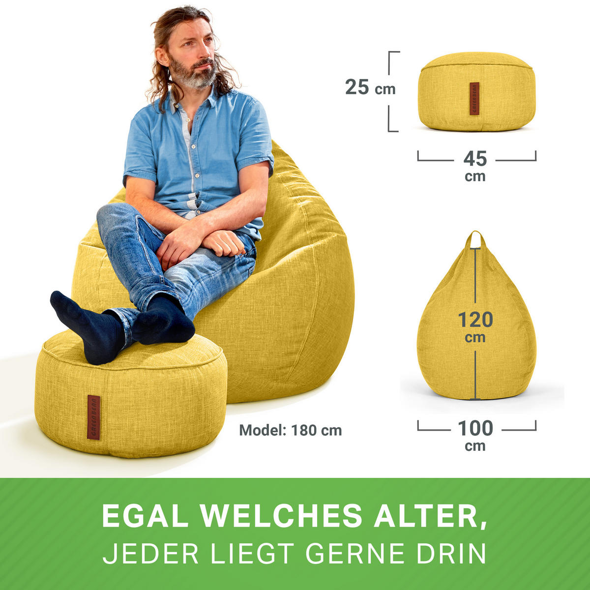 XXL-SITZSACK Indoor "Home Linen“+Hocker - Gelb, Textil (100/120/50cm) - Green Bean