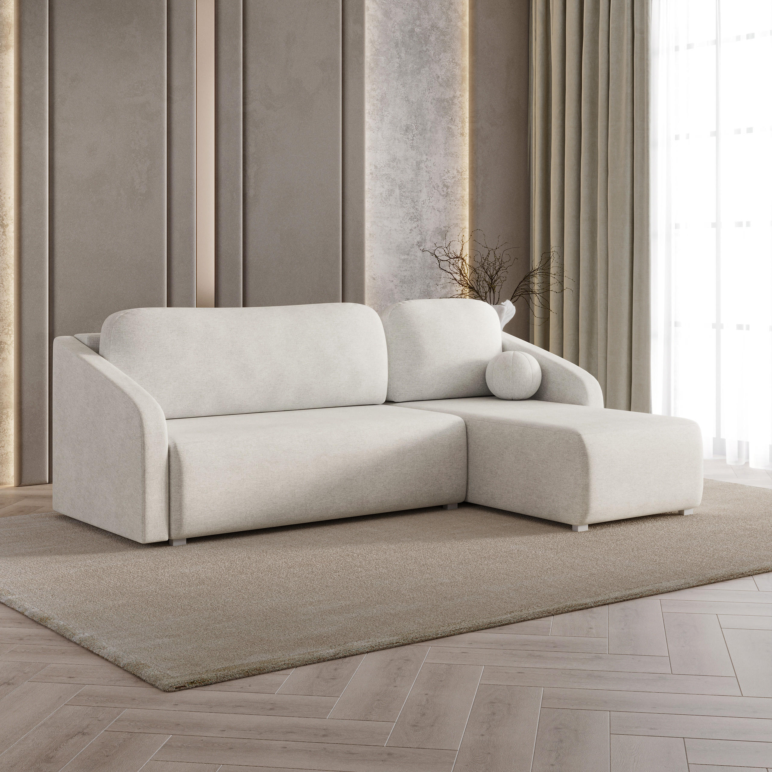ECKSOFA MARELLO Creme Geflochtener Stoff mit Schlaffunktion - Creme, Holz (220/143cm) - MASSENO