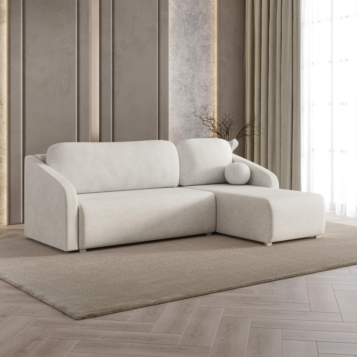 ECKSOFA MARELLO Creme Geflochtener Stoff mit Schlaffunktion - Creme, Holz (220/143cm) - MASSENO
