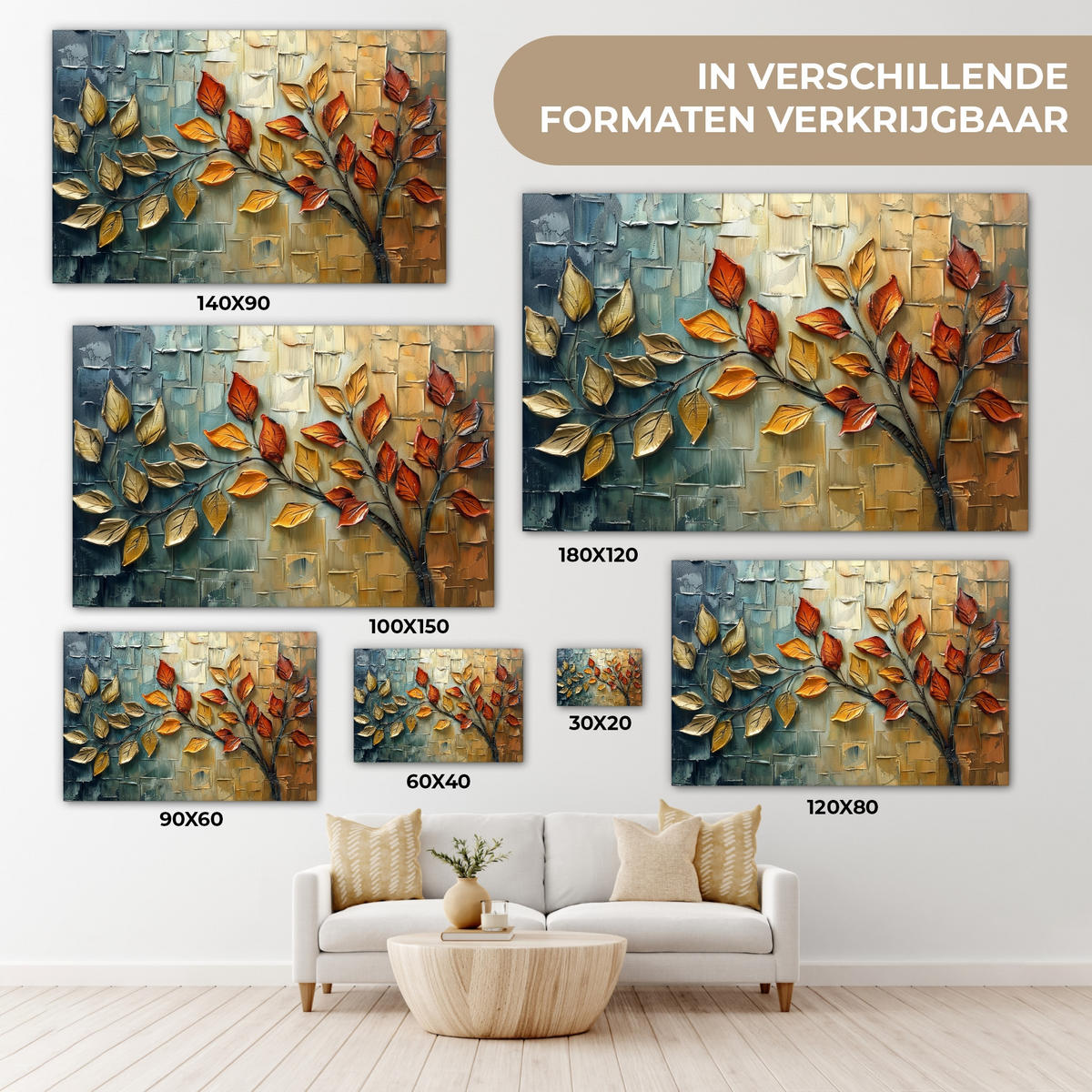 LEINWANDBILD Baum - Abstrakt - Natur - Kunst Wohnzimmer Groß 120x80 cm - Goldfarben, Textil (120/80cm) - MuchoWow