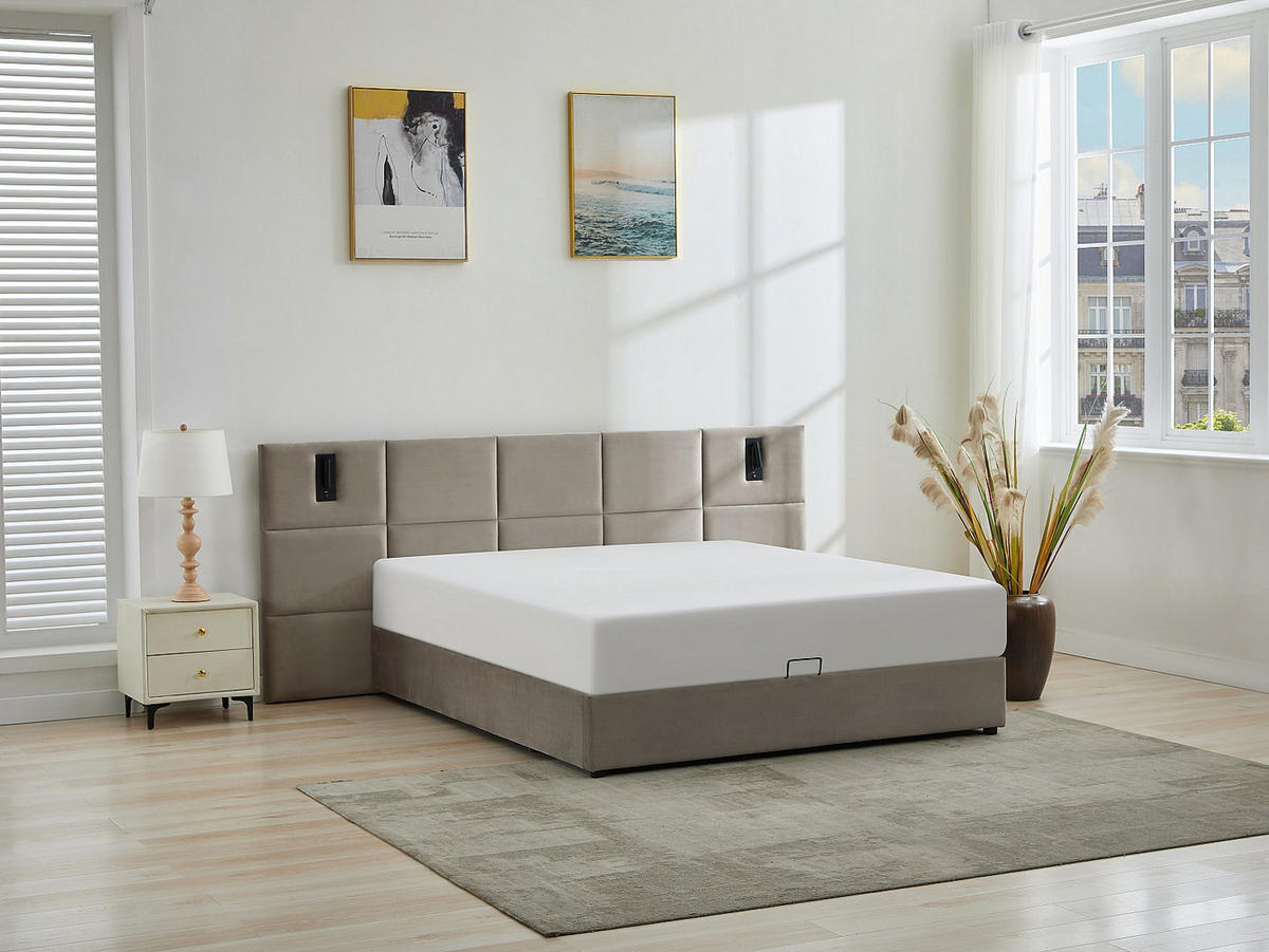 BETT mit Bettkasten - 2 Personen - Samt, Stoff - Taupe - - Taupe, Textil (180/200cm) - Vente-Unique