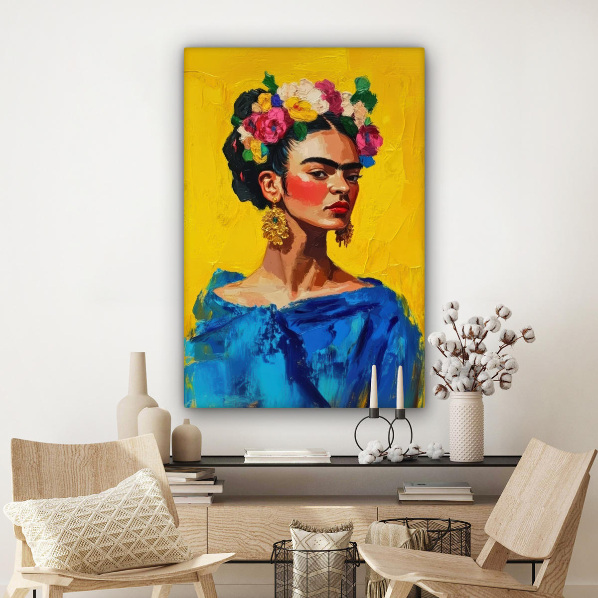 LEINWANDBILD Frida Kahlo - Frau - Gelb - Blau - Blumen 80x120 cm - Gelb, Textil (80/120cm) - MuchoWow