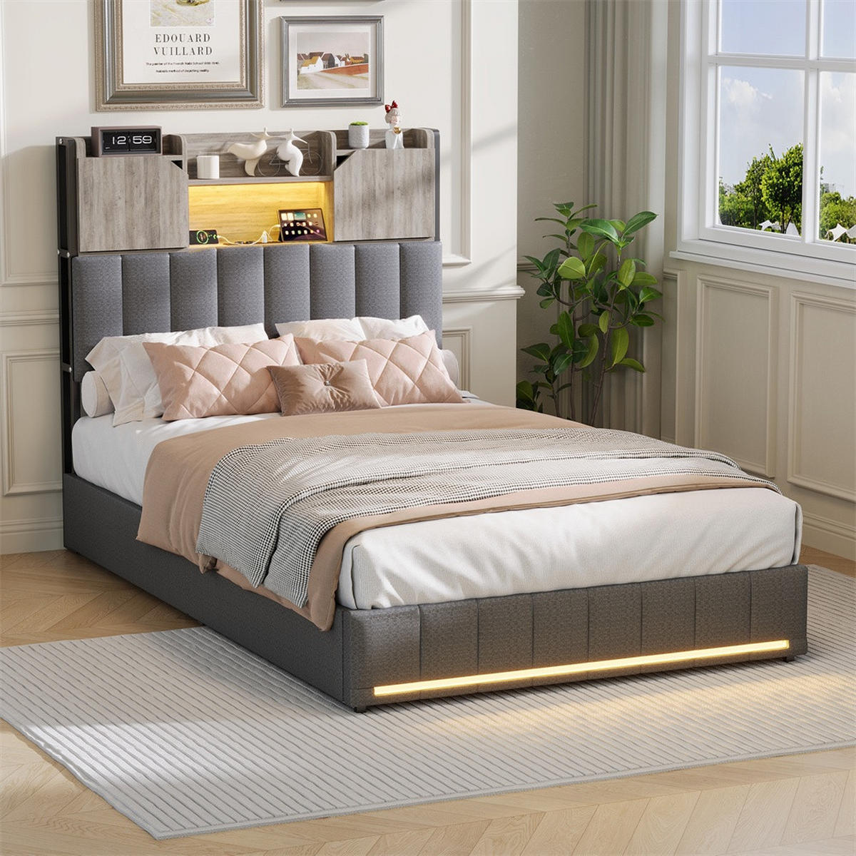 POLSTERBETT 90x200cm - Doppelbett 90x200cm mit Schubladen - RGB-LED-Beleuchtung - ohne Matratze - Grau - Grau, Textil (90/200cm) - DELFA