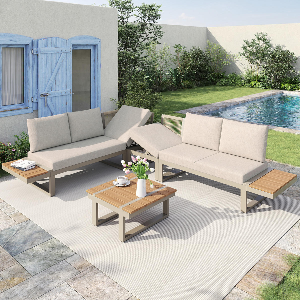 GARTENMÖBEL-SET 218/71/72 cm beige aus Stahl und Polyester mit Ablagen und Liegefunktion - Beige, Metall - OKWISH