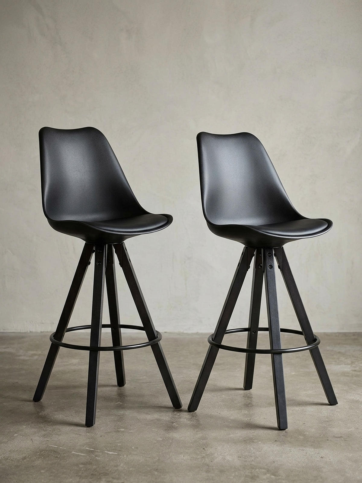 BARHOCKER – Skandinavisch, Kunstleder, Rückenlehne, X-Beine mit Metallring - Schwarz, Holz/Kunststoff (49/113/53cm) - KADIMA DESIGN