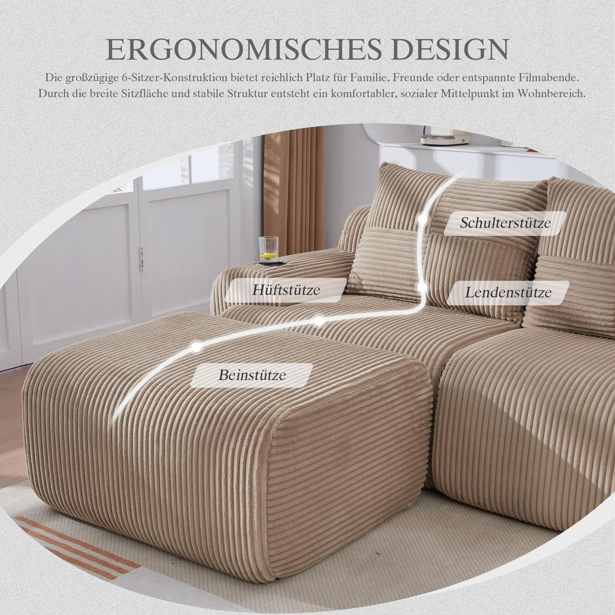 4-SITZER Wohnlandschaft Cord mit Getränkehalter und Seitentasche 333/174/80 cm Sandfarben - Sandfarben, Textil (174/80/333cm) - Redom