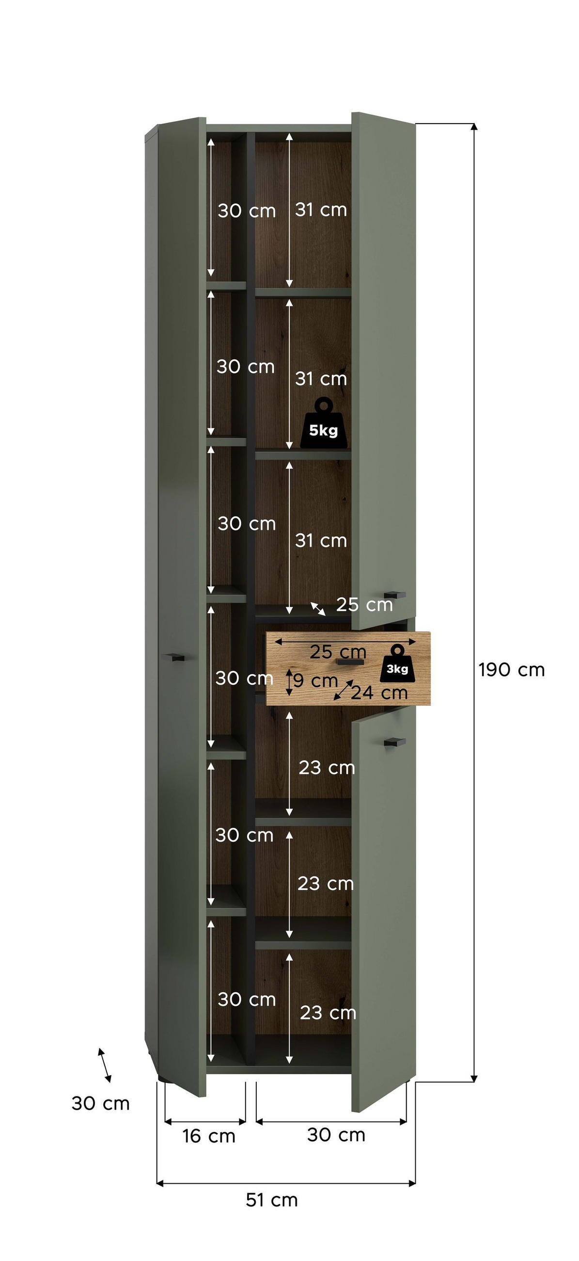 HOCHSCHRANK AQUA (B/H/T: ca. 51/191/30 cm) in Sage Green/Sage Green - Grün, Holzwerkstoff (51/191/30cm)