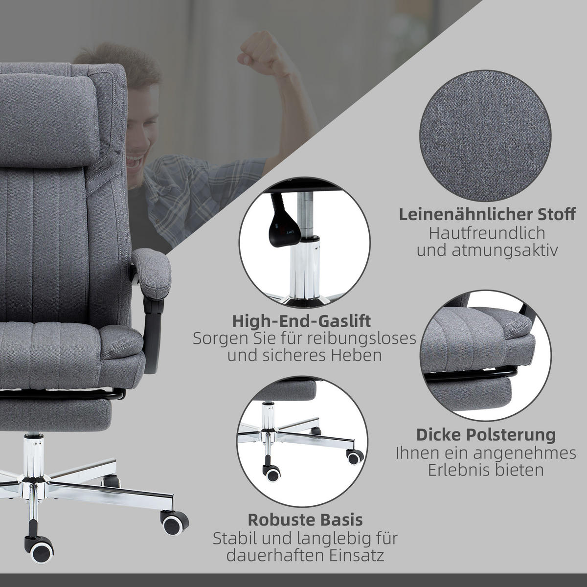DREHSTUHL 65/61/105-113 cm, ergonomisch mit 6-Punkt-Massage, Leinenoptik, Grau - Grau, Kunststoff (61/113/65cm) - Redom
