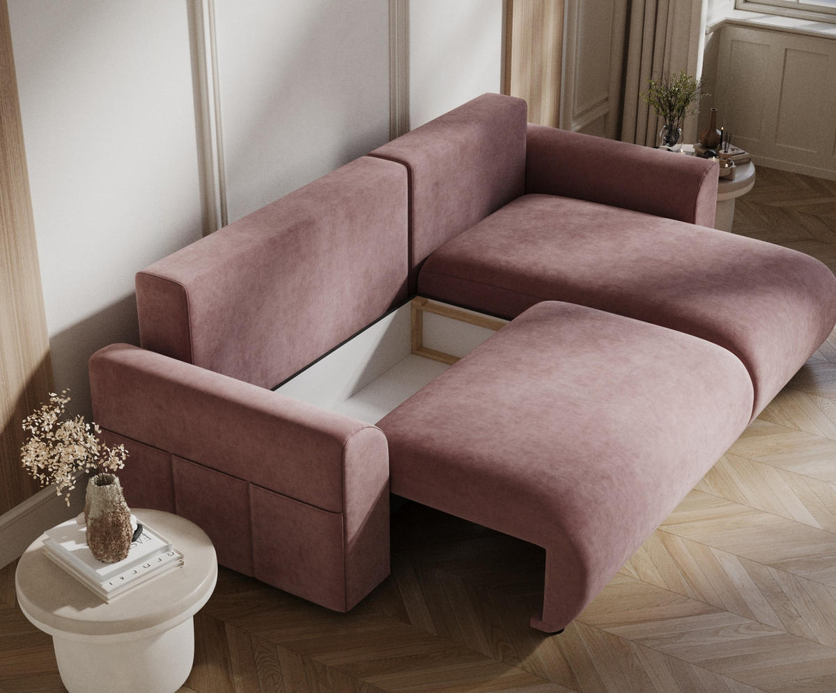 ECKSOFA MIT SCHLAFFUNKTION Bodega Rose Samtstoff - Schwarz/Rosa, Holz/Holzwerkstoff (235/138cm) - Maison de Reve