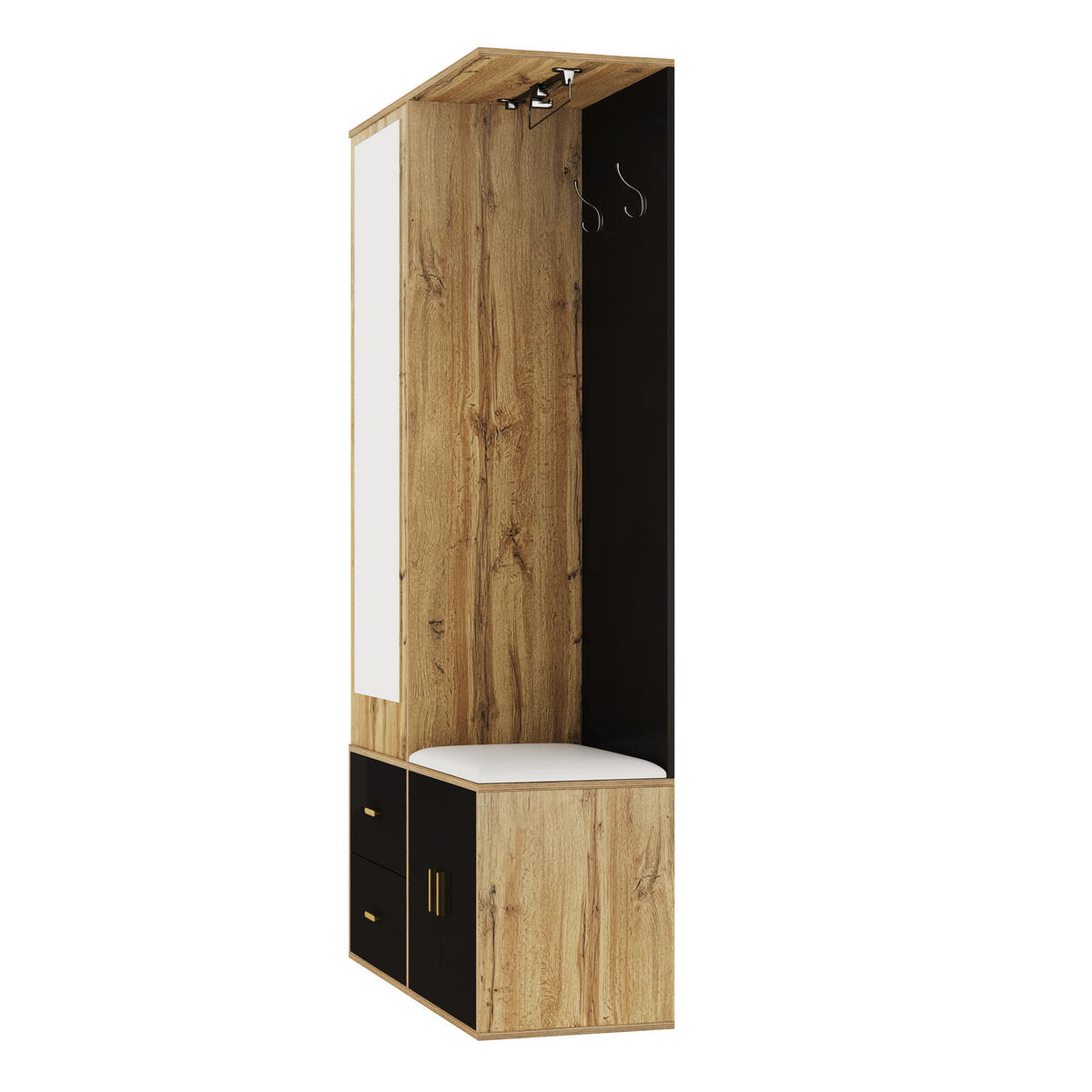 GARDEROBE-SET in Schwarz und Naturfarben Garderobenschrank mit Spiegel und Schuhbank für Flur, B100/T38/H180 cm - Schwarz/Naturfarben, Glas/Holzwerkstoff (100/180/38cm) - STILVORA