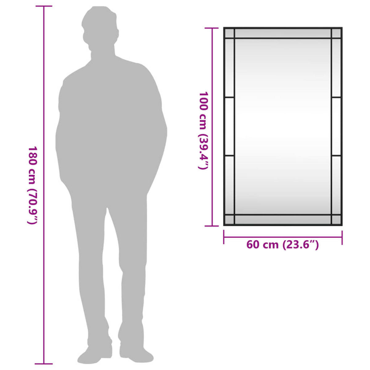 WANDSPIEGEL Schwarz 60/100 Cm Rechteckig Eisen - Schwarz, Metall (60/1.5/100cm) - vidaXL