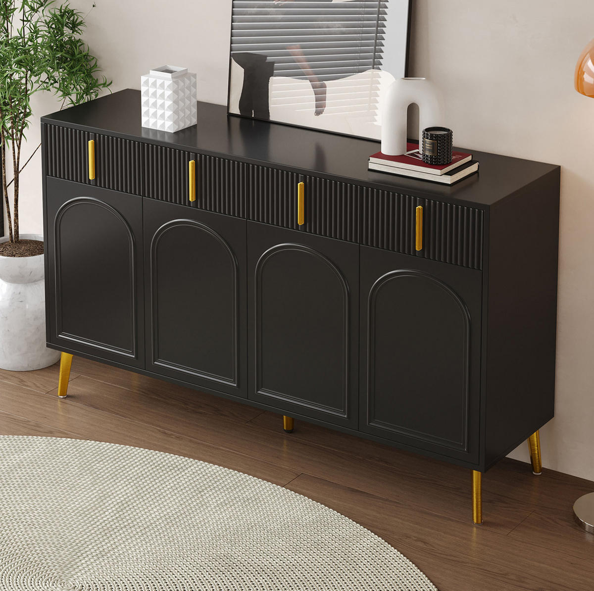 SIDEBOARD 140/38/82 cm Schwarz aus MDF mit 4 Türen und 4 Schubladen - Schwarz, Holzwerkstoff (140/82/38cm) - OKWISH