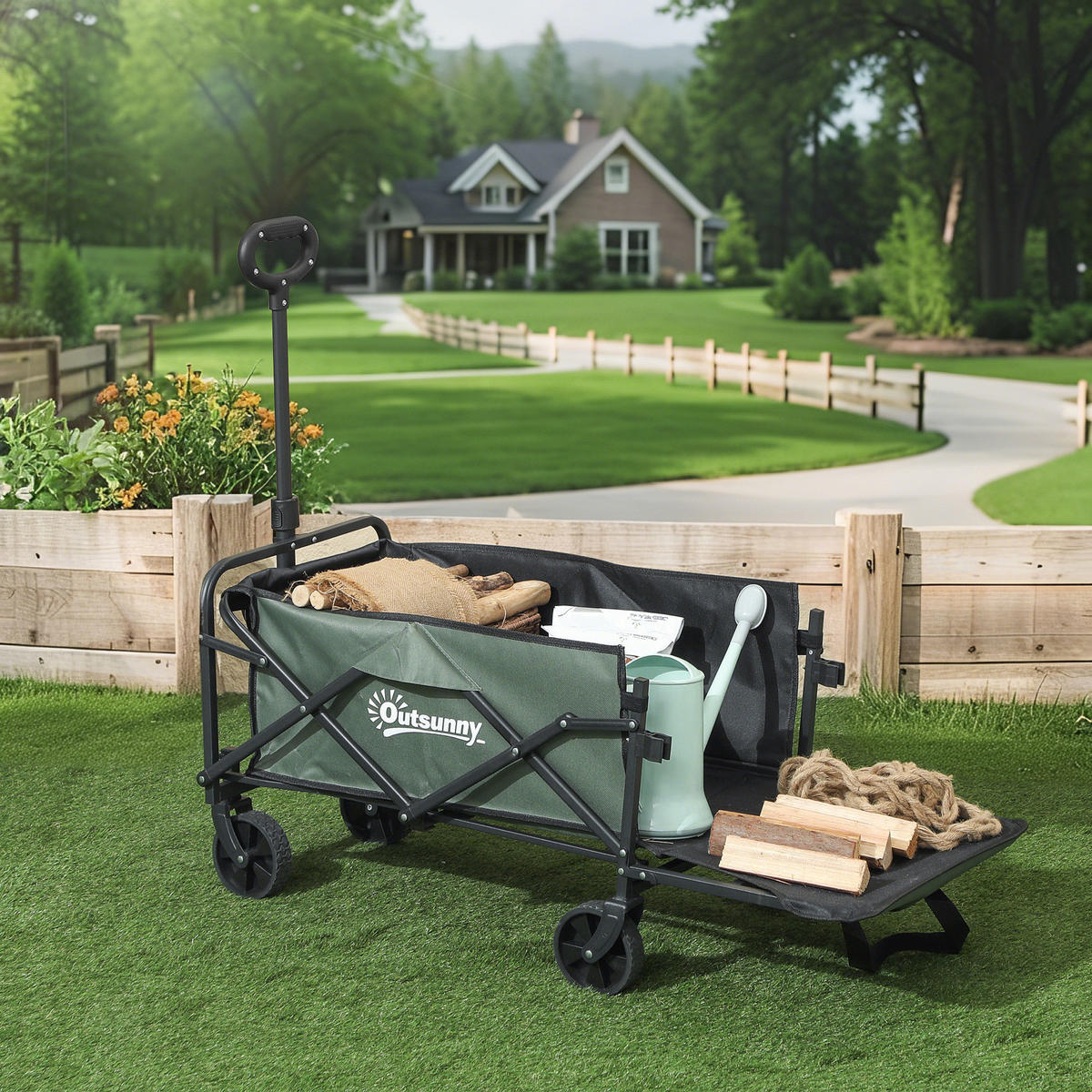 Gartenwagen 90 kg belastbar, klappbar Transportwagen Bollerwagen - Grün, Metall (46/92/114cm) - Outsunny