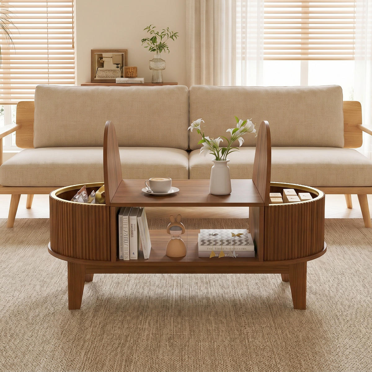 COUCHTISCH 100/50/50 cm, walnussfarben, ovales Design mit verstecktem Stauraum und offenen Regalen - Braun, Holz (50/100/50cm) - Waldena