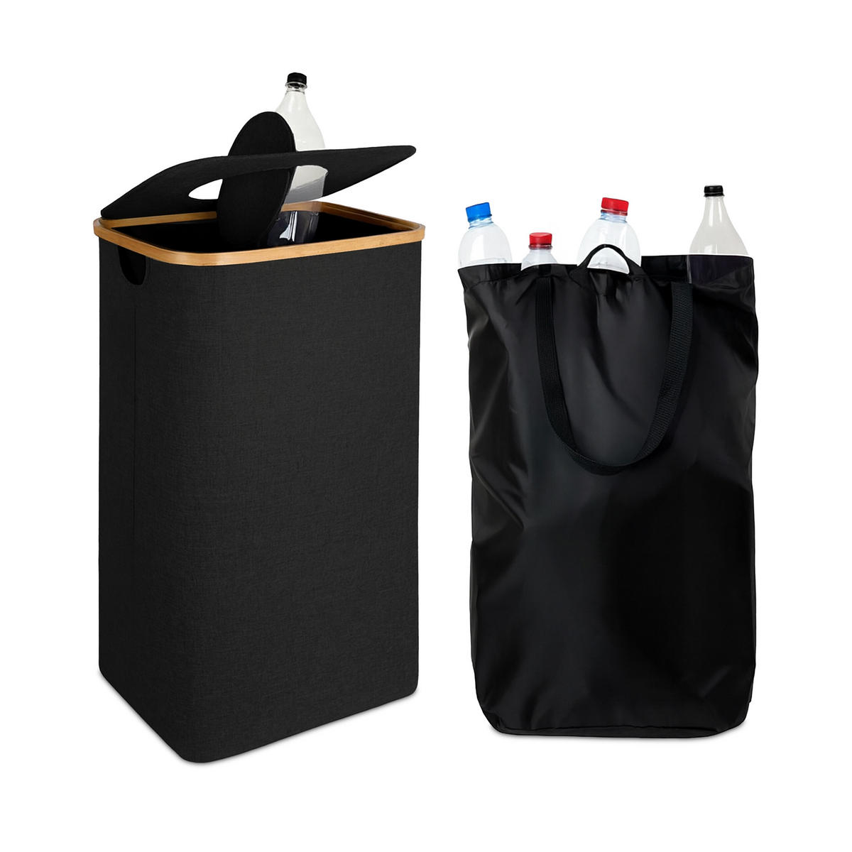 PFANDFLASCHEN-SAMMELBEHÄLTER - Schwarz, Holz/Textil (42/70/34cm) - Relaxdays