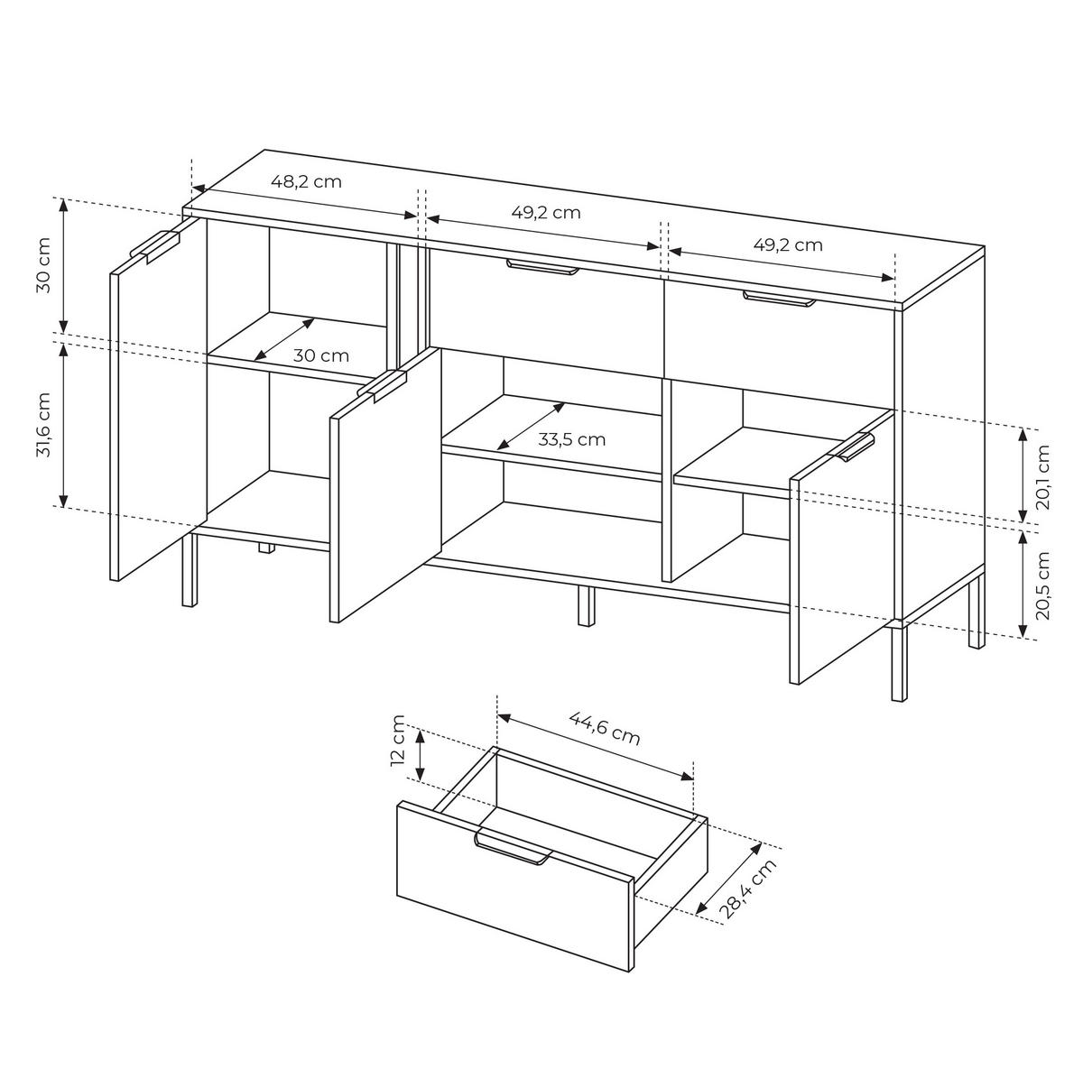 SIDEBOARD Catanian 3T 2S Grau 153,1/81,4/39,5 cm – mit goldenen Griffen und schwarzen Beinen - Schwarz/Grau, Holzwerkstoff/Metall (153/81.4/39.5cm) - AX Living