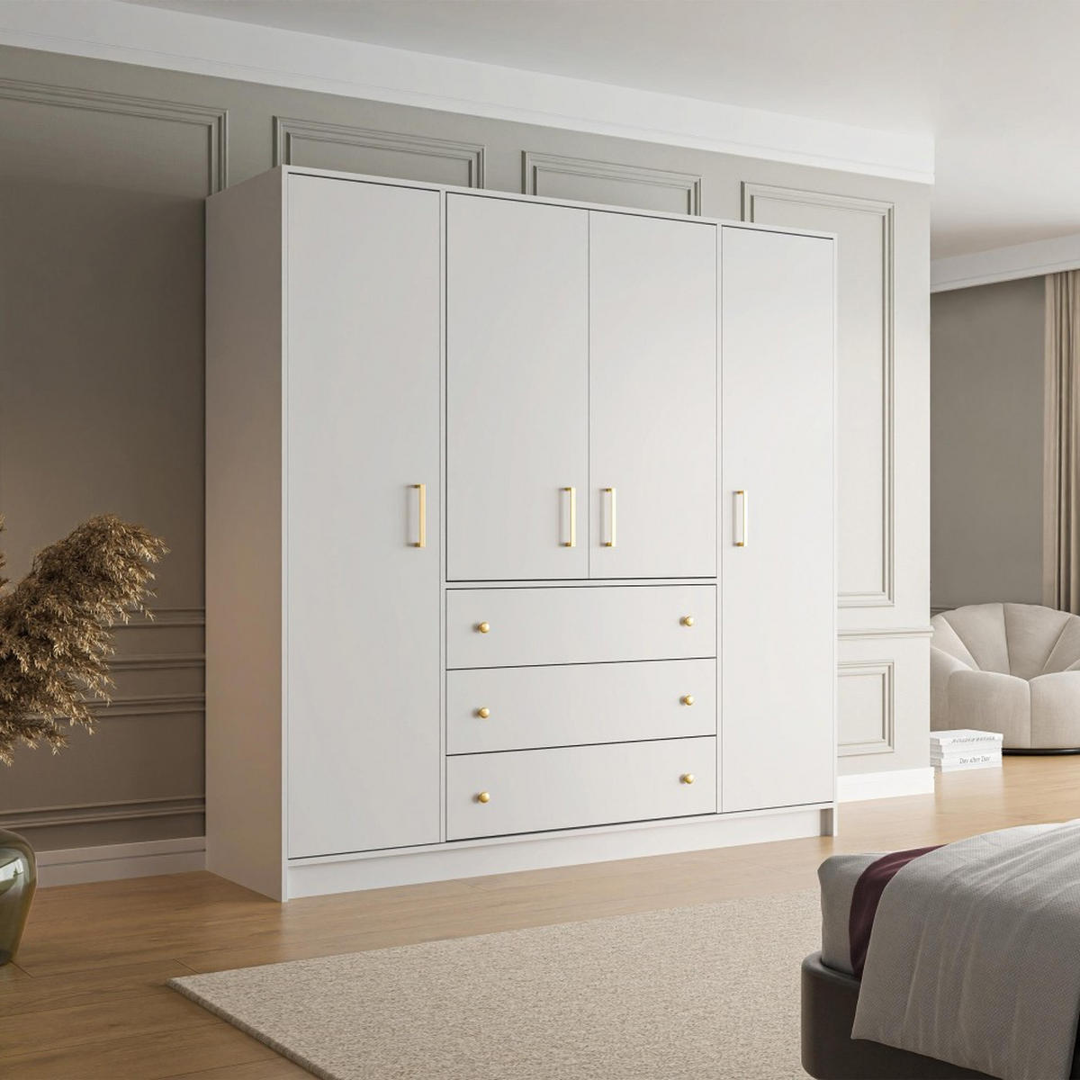 DREHTÜRENSCHRANK Rilo mit 4 Türen und 3 Schubladen, 200 cm, Weiß - Weiß, Holzwerkstoff (196/210/58cm) - Beautysofa