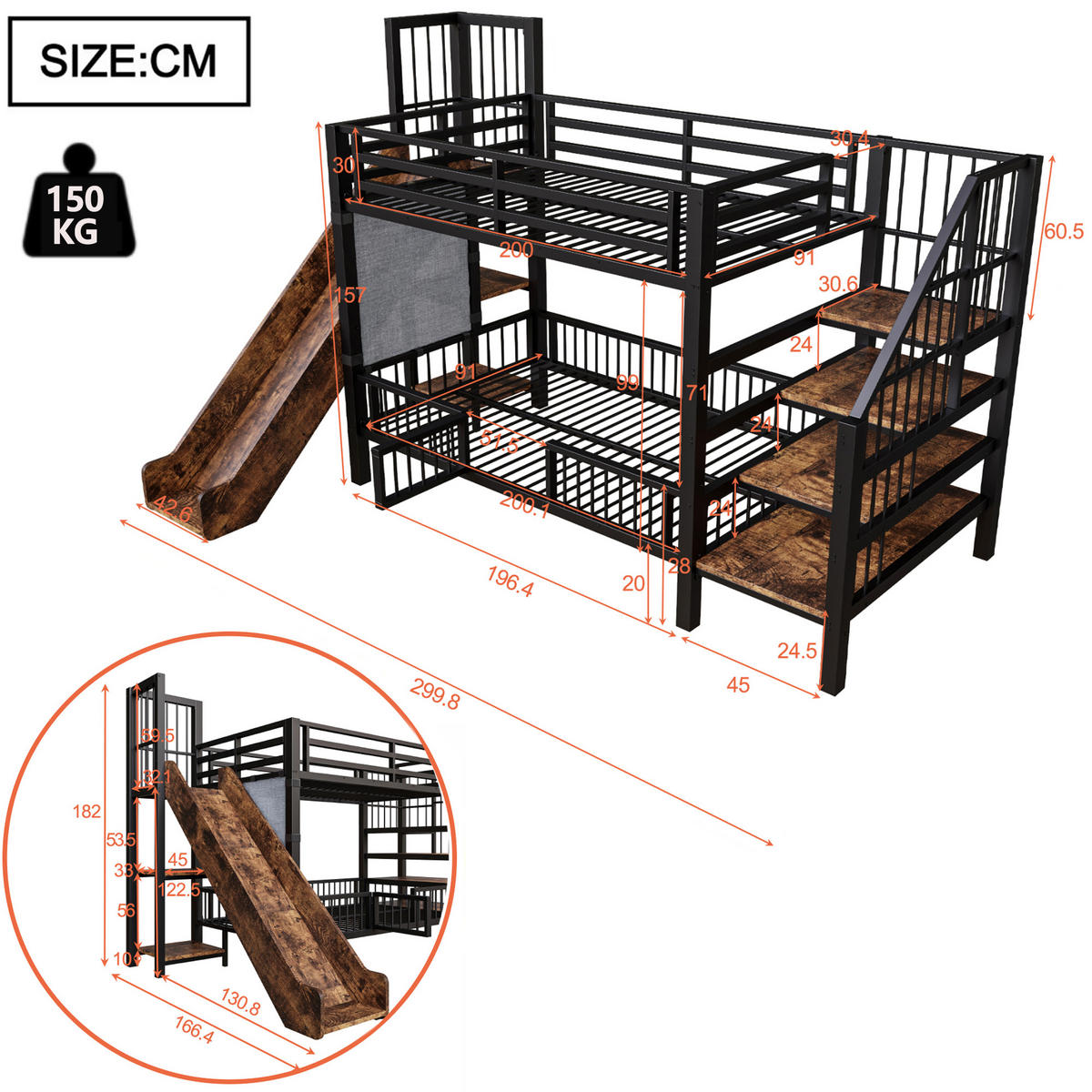 METALL- ETAGENBETT Kinder Schwarz 90/200 cm mit Rutsche und Stauraumtreppe - Schwarz, Metall (90/200cm) - ComfortXL