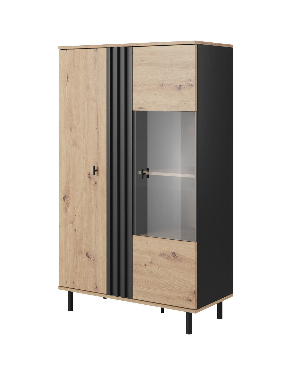 VITRINE Madis Artisan Eiche, zweitürige Vitrine mit LED - Schwarz/Eiche Artisan, Holzwerkstoff (90/149/40cm) - Bettso