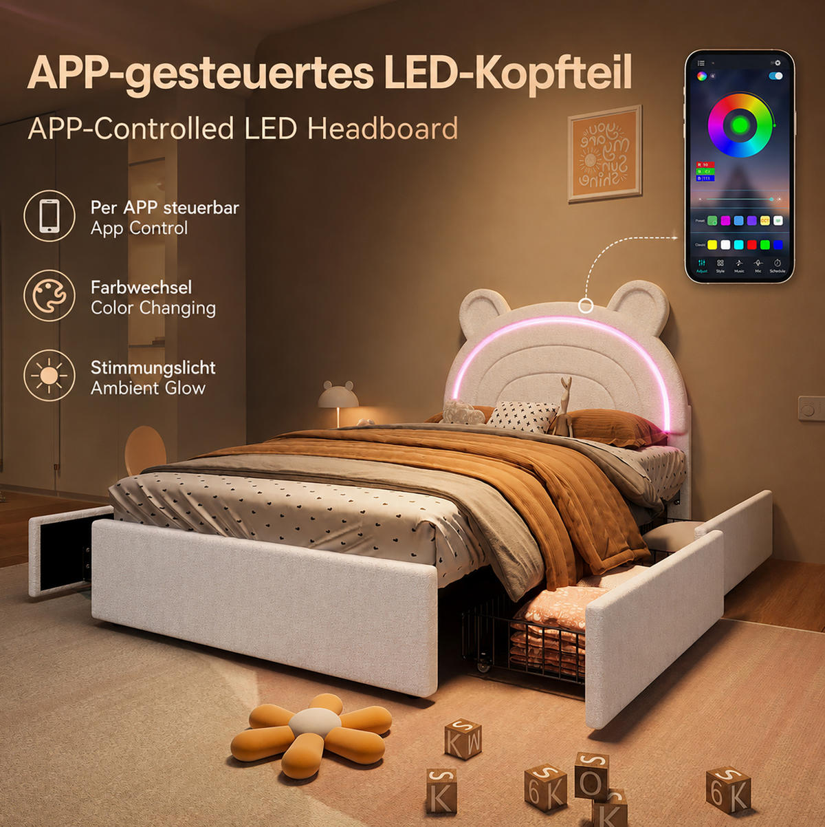 KINDER-POLSTERBETT aus Samt 90x200 cm Beige mit Bären-Kopfteil, 4 Schubladen und App-LED-Beleuchtung - Beige, Textil (90/200cm) - Modfu