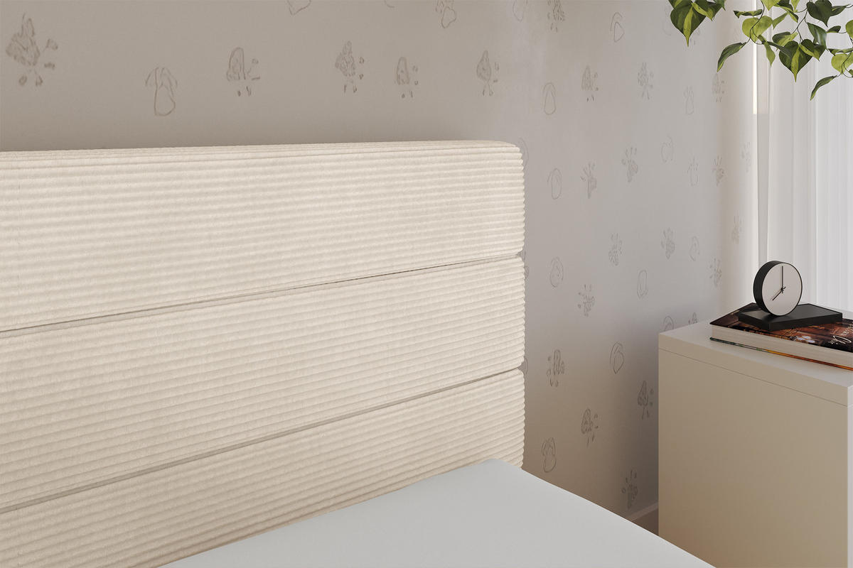 EINZELLBETT Jugendbett mit Bettkasten, Links - BEMY 90x200 Beige - Creme, Holzwerkstoff/Textil (90/200cm) - ALTDECOR