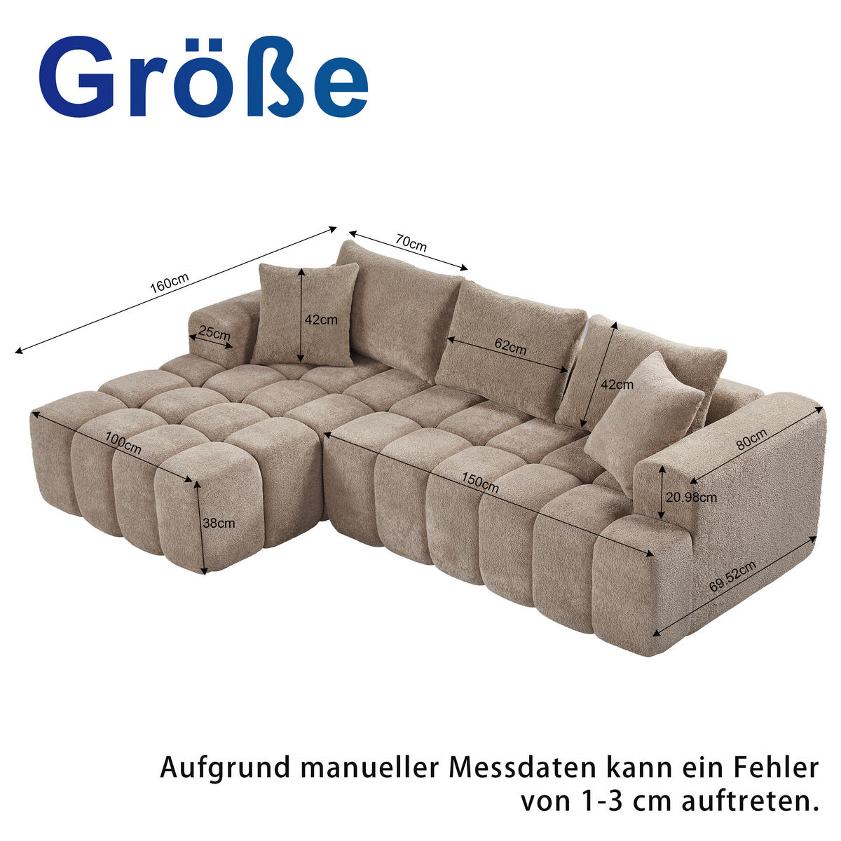 ECKSOFA L-Form 3-Sitzer in Taupe aus Samt mit linker Chaiselongue - Taupe, Textil (250/160cm) - CHICFURN