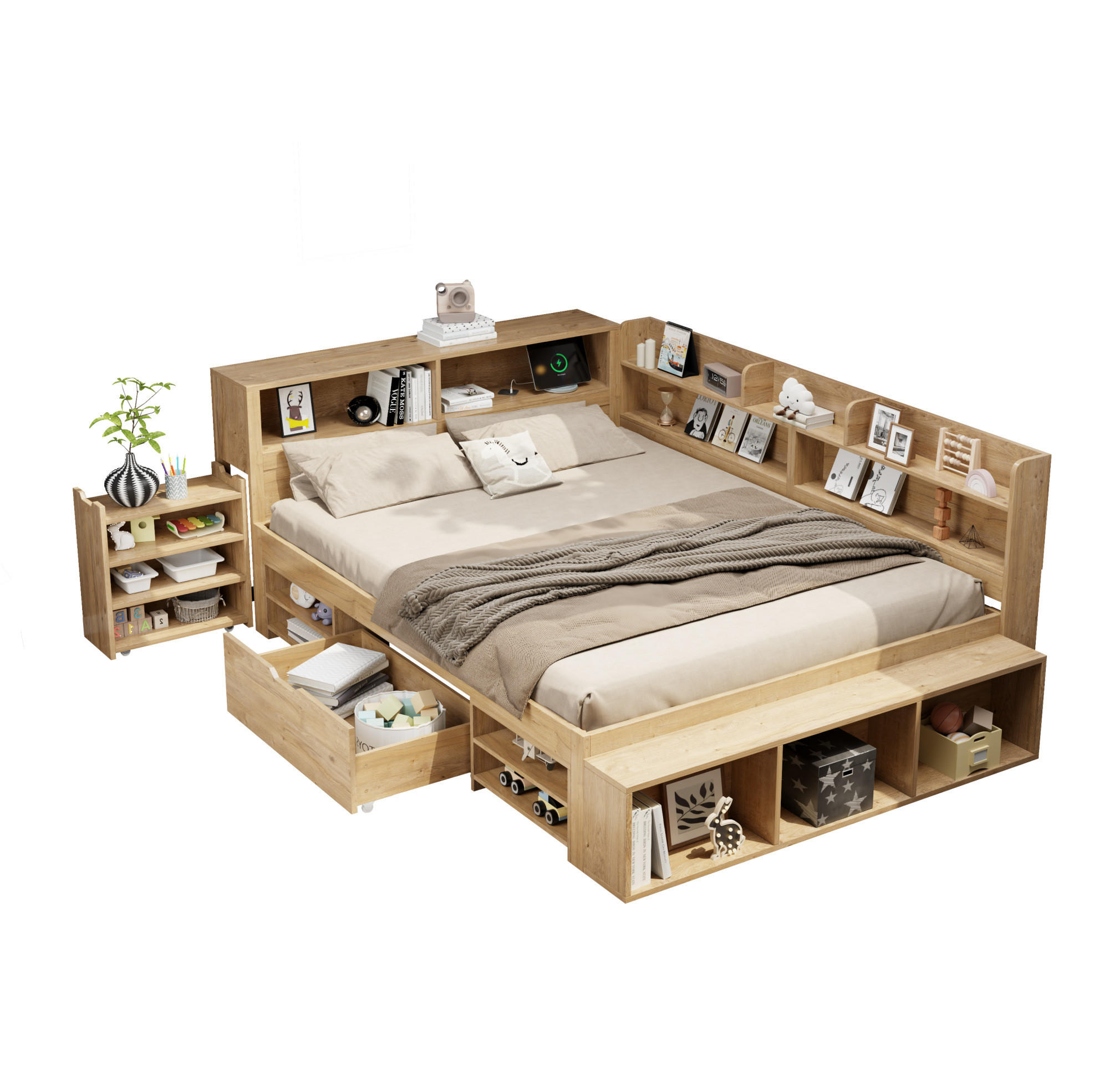 KINDERBETT 140/200 cm Natur aus Sperrholz mit Stauraum und Regalen - Naturfarben, Holz (140/200cm) - OKMYHOME