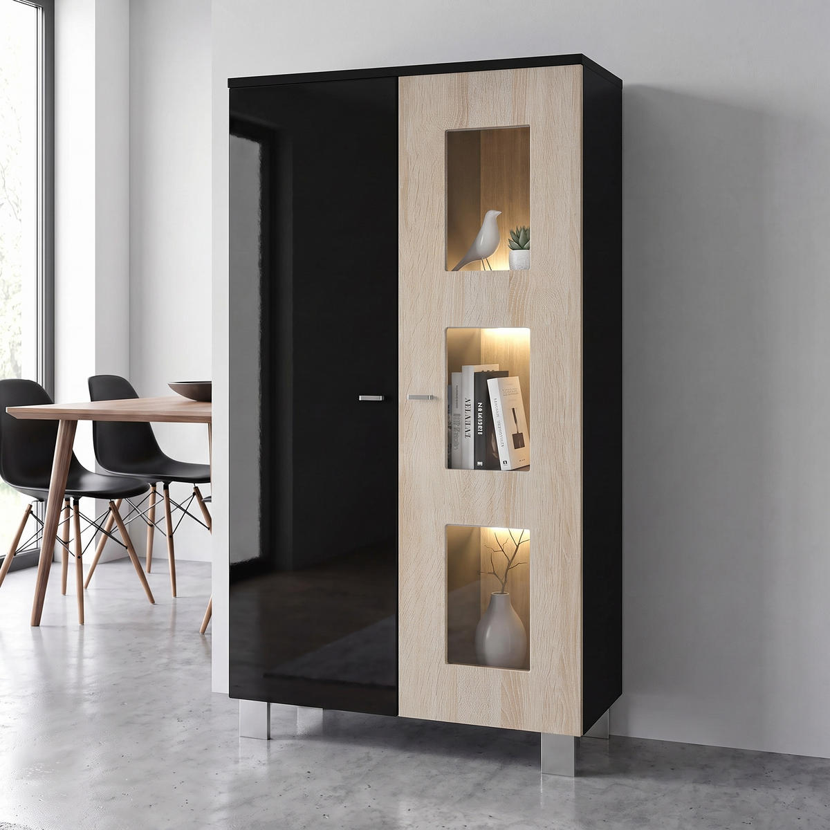 VITRINE Denjo Tür in Eiche sägerau - Eiche San Remo, Holzwerkstoff (71/129/35cm) - Vladon