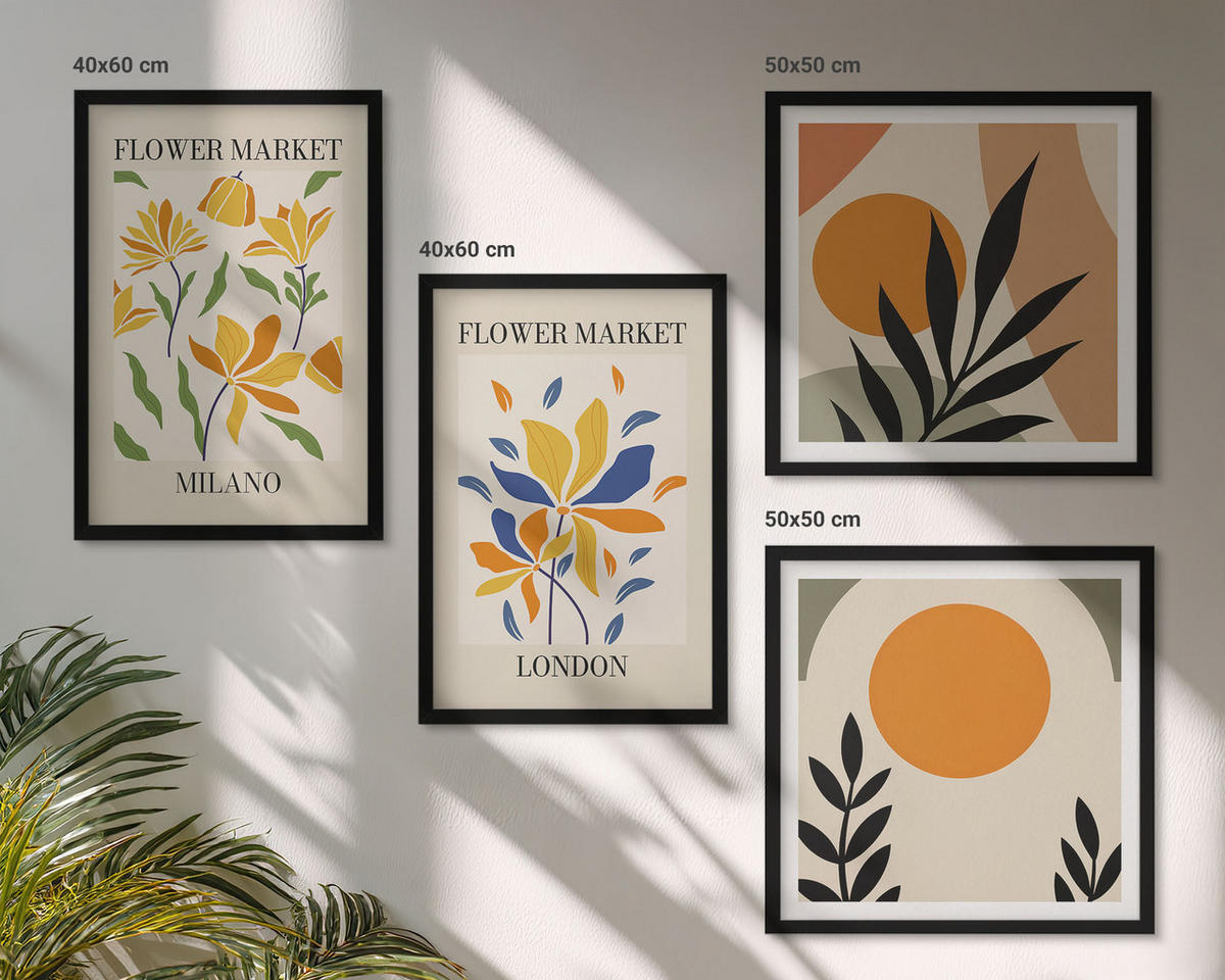 WANDBILDER 4er-Set - 50x50 cm & 40x60 cm Schwarzer Rahmen - Blumenposter Paris Mailand - Schwarz, Kunststoff (50/50cm) - ArtPrintCave