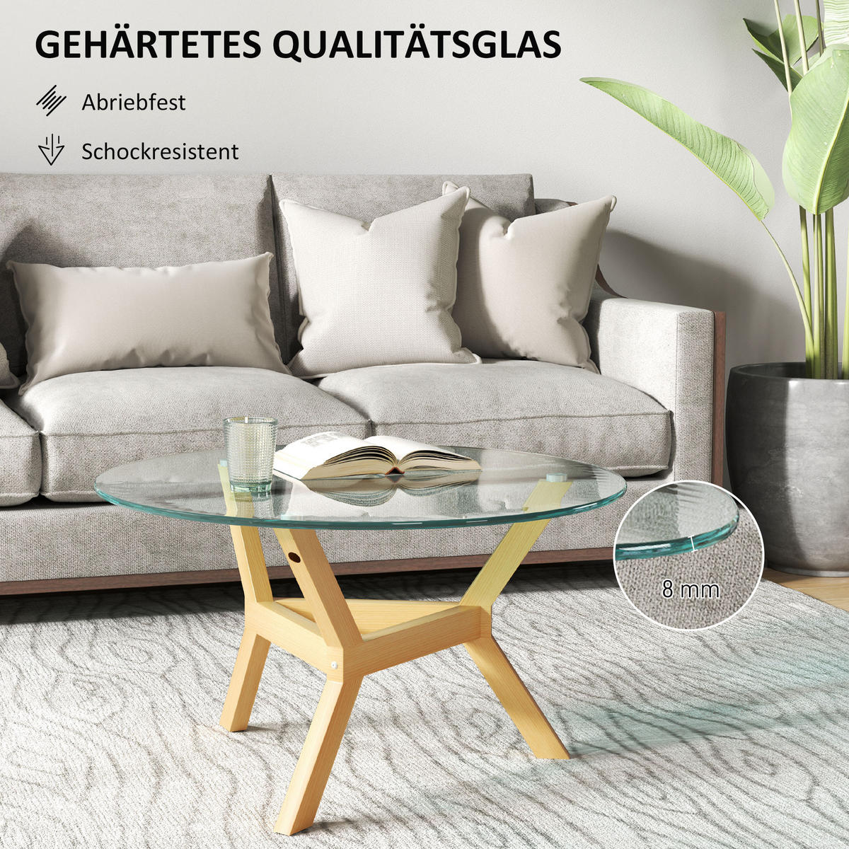 COUCHTISCH mit verstellbaren Fußpolstern, Transparent, Ø80 x 45 cm - Transparent, Metall (80/80/45cm) - HOMCOM