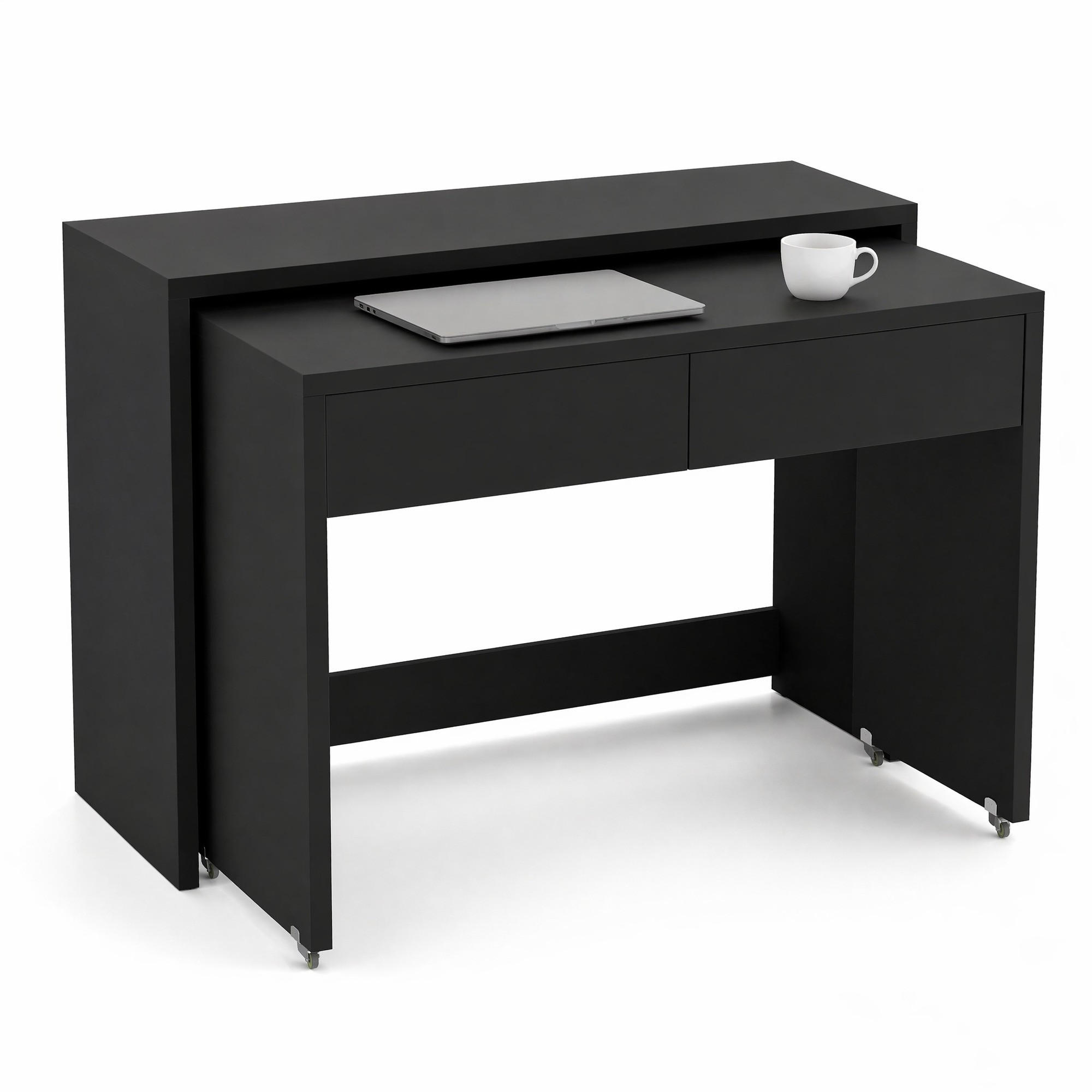 SCHREIBTISCH in Schwarz Bürotisch mit ausziehbarer Tischplatte, Rollen und faltbarer Funktion , B110/T40/H78cm - Schwarz, Holzwerkstoff/Metall (40/110/78cm) - STILVORA