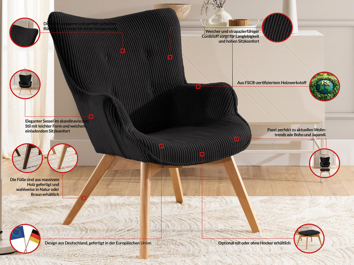 LOUNGESESSEL mit Fußhocker Lenari Schwarz Cordstoff mit Füßen in Natur - Schwarz/Naturfarben, Holz/Textil (71/96/86cm) - S-Style Möbel