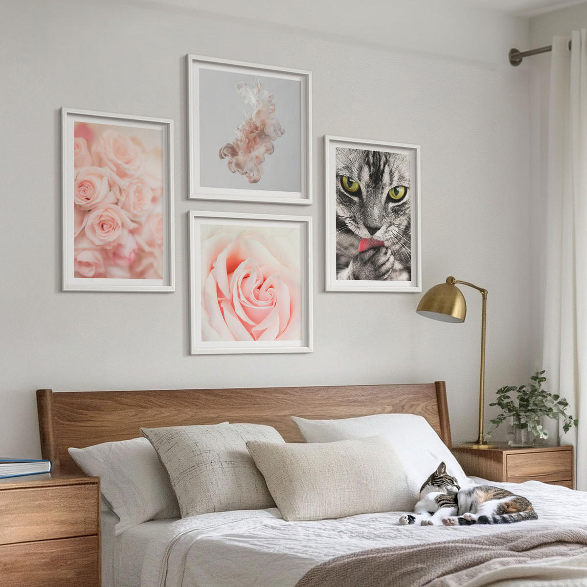 WANDBILDER 4er-Set - 50x50 cm & 40x60 cm Weißer Rahmen - Abstrakte Darstellung von grauen Katzenrosen - Weiß, Kunststoff (50/50cm) - ArtPrintCave