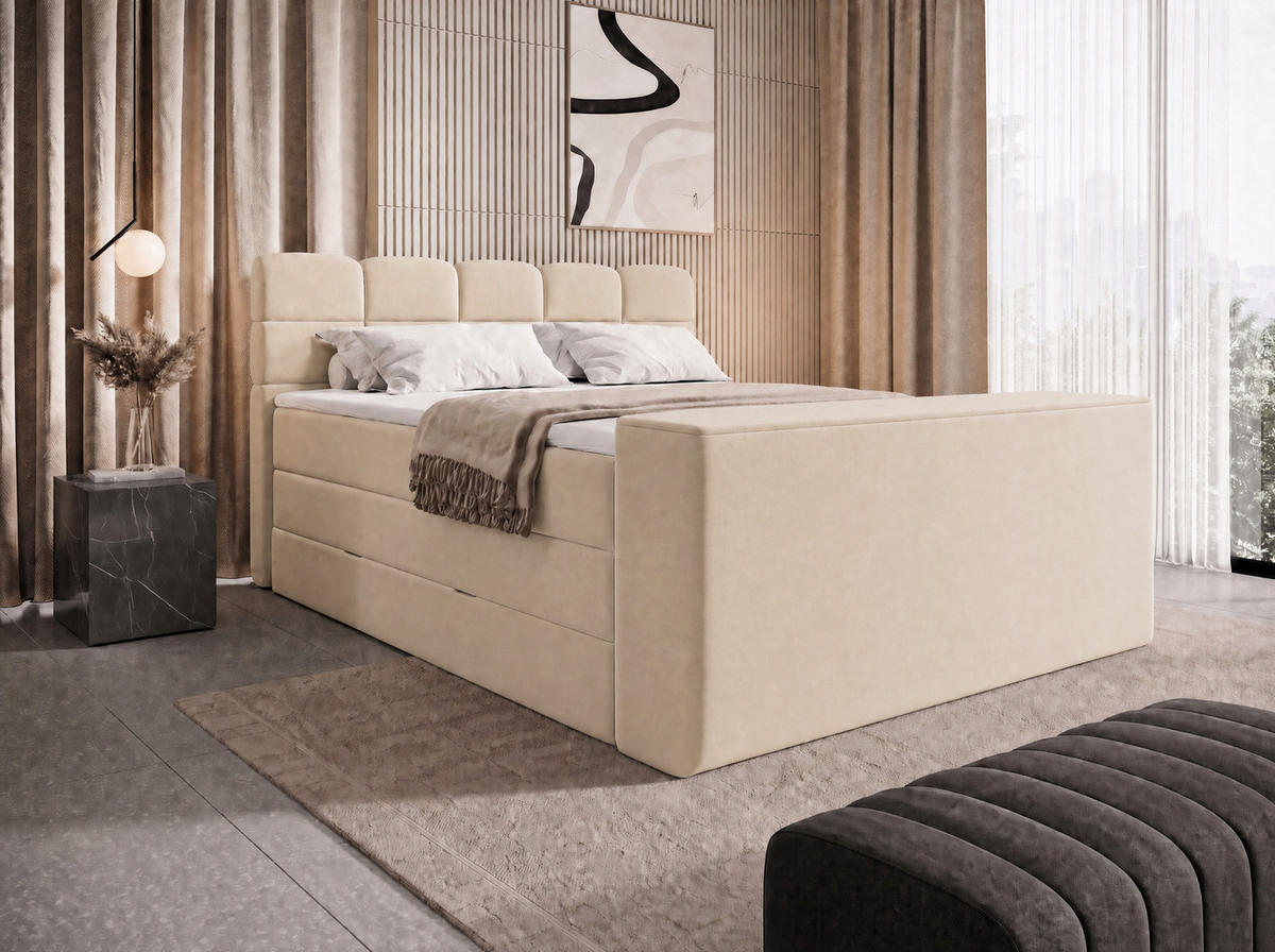 BOXSPRINGBETT Carenzo 3 Beige 160/200 cm H2/H3 Samt inkl. Topper und TV-Lift - Beige, Textil (160/200cm) - wonello