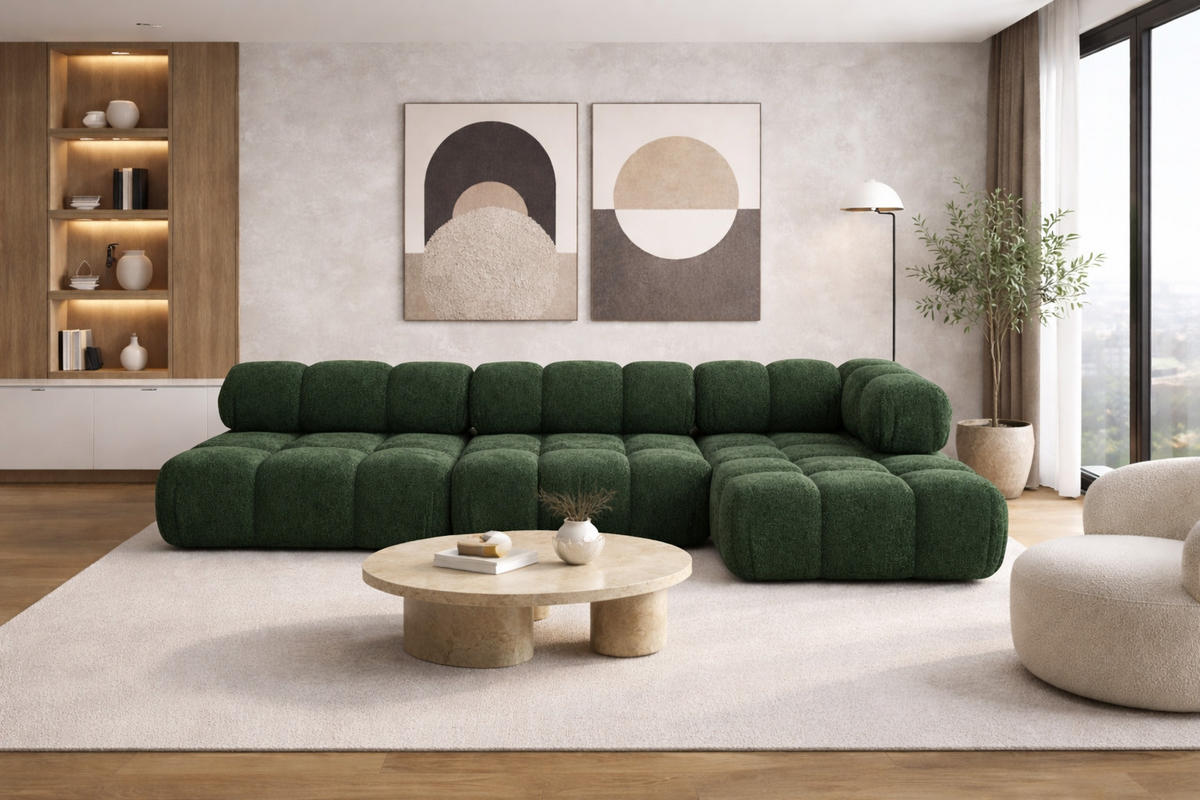 ECKSOFA L-Form Modulare, Bouclé-Stoff Abriamo, Dunkelgrün, Rechts, Selia - Dunkelgrün, Holz (285/160cm) - Kaiser Möbel