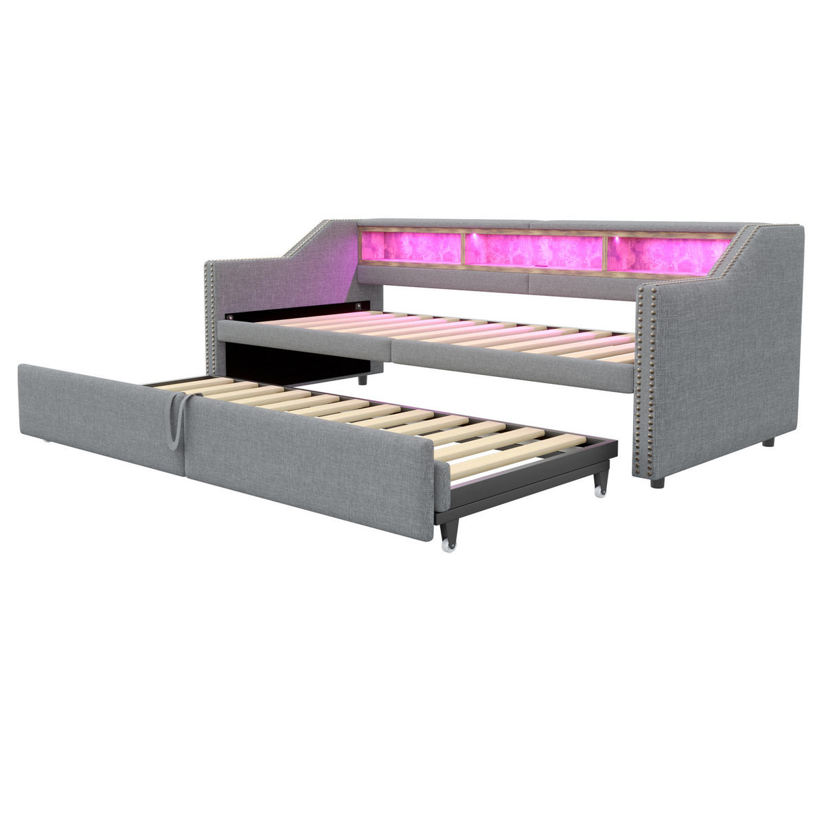 POLSTERBETT 90/180x200 cm mit Ausziehbett, LED-Beleuchtung und USB - Hellgrau, Textil (90/200cm) - BEAOK