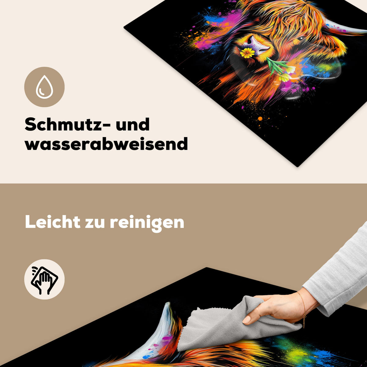 HERDABDECKPLATTE Schottischer Highlander - Graffiti - Bunt - Blume - Tiere Herdabdeckung Induktionsfeld 70x52 cm - Multicolor, Kunststoff (70/52/0.2cm) - MuchoWow