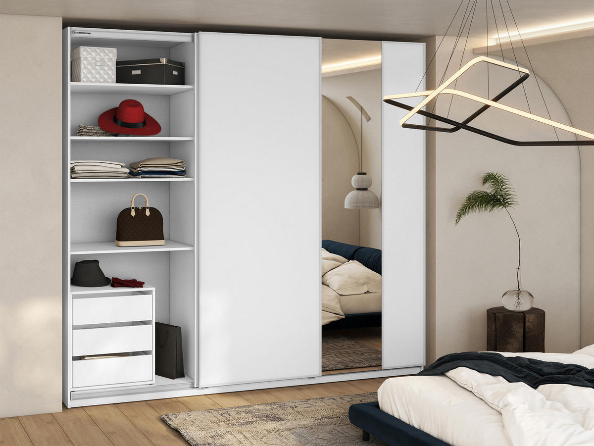 SCHIEBETÜRENSCHRANK Maxi 3D 250 MX06 mit LED Beleuchtung - Weiß, Holzwerkstoff (260/235/69cm) - MIRJAN24