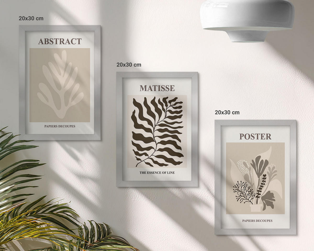 BILDER SET 3er Set - 20x30 cm Silberner Rahmen - Beige-braune Pflanzenmuster - Silberfarben, Kunststoff (20/30cm) - TULUP