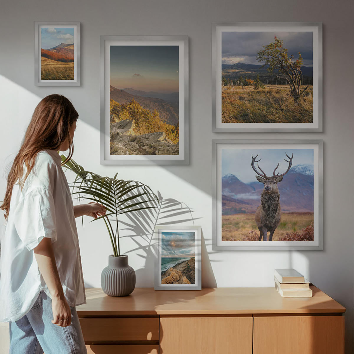 WANDBILDER 5er Set - 50x50 cm & 20x30 cm & 40x60 cm Silberner Rahmen - Berglandschaften, Hirschgras - Silberfarben, Kunststoff (40/60cm) - ArtPrintCave