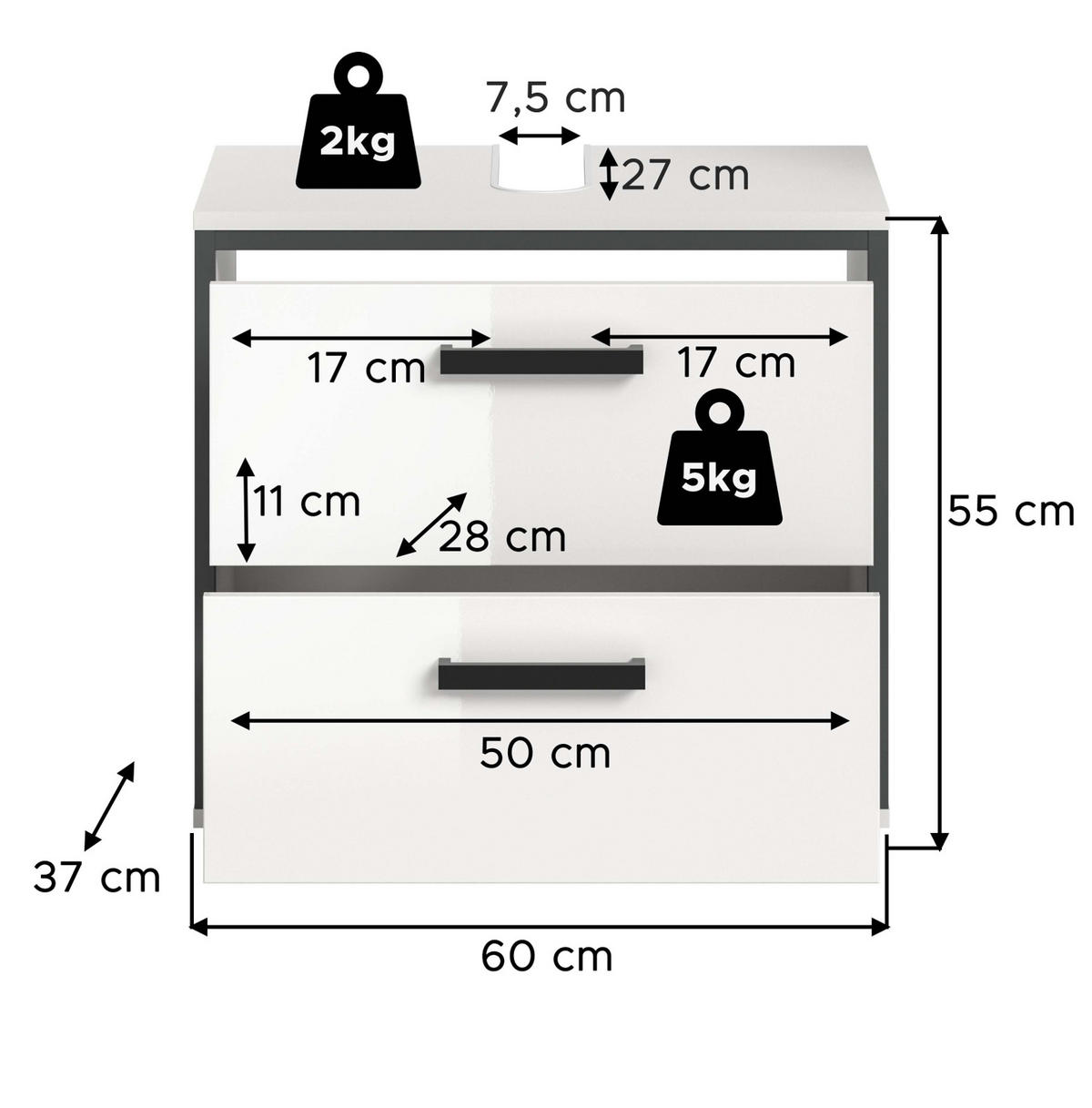 WASCHBECKENUNTERSCHRANK weiß Hochglanz, grau 60 cm, Unterschrank mit Schubkästen - Weiß Hochglanz/Schwarz, Holzwerkstoff/Kunststoff (60/55/37.5cm) - Inn.Furn