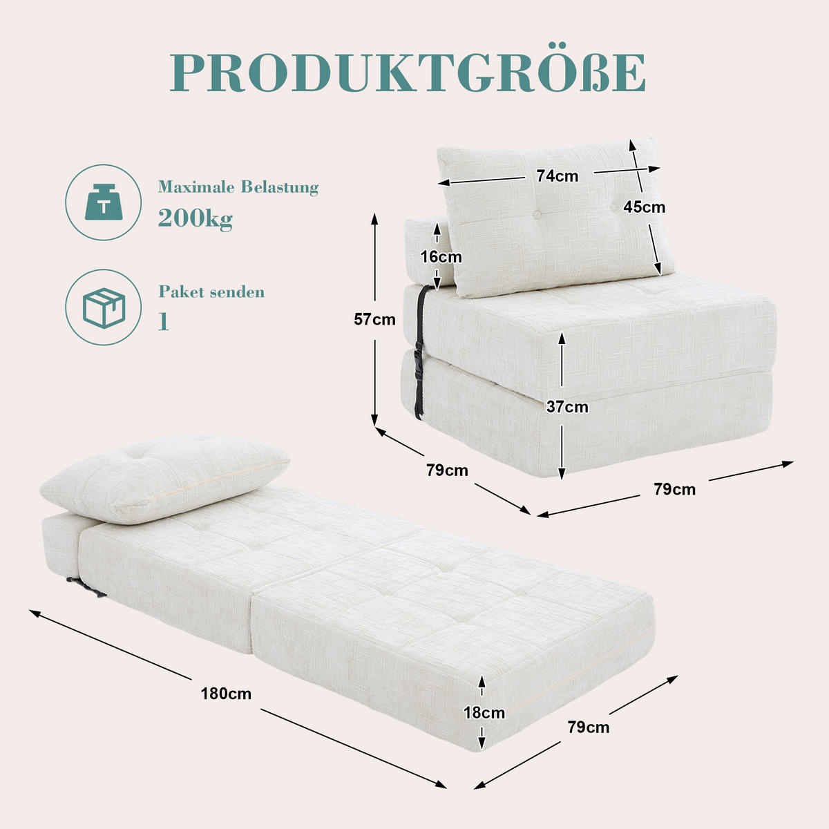 SCHLAFSESSEL Klappbares mit Kopf und Lumbalkissen Chenille Beige 79/79/57 cm - Beige, Textil (79/57/79cm) - OKWISH