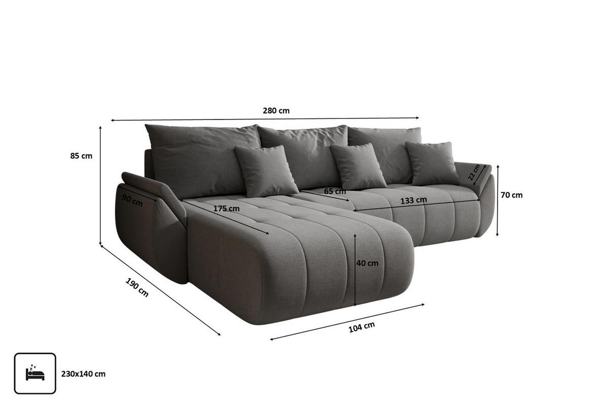 ECKSOFA Mit Schlaffunktion Und Bettkasten TOKYO, Stoff WIND, Stahl, Links - Grau, Holz (280/190cm) - Kaiser Möbel