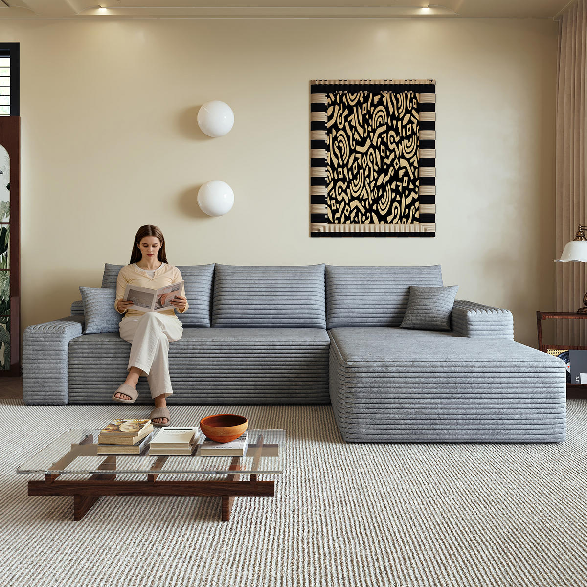 ECKSOFA 270/175/83 cm Grau Cord mit Chaiselongue, Rechte Seite - Grau, Textil (270/175cm) - Oxeza